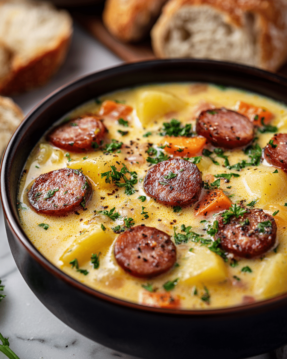 This image shows a close-up of a creamy soup in a dark bowl set on a white marbled surface. The soup has several visible layers: large chunks of golden yellow potatoes with light brown skin, slices of reddish-brown sausage, soft orange carrot pieces, and bits of translucent onion, all surrounded by a thick, yellowish broth. The top layer is sprinkled with small bright green herb leaves, likely parsley, adding a fresh contrast. Nearby, some bread with a rough texture is partly visible. The setting is well-lit, highlighting the different textures and colors of the ingredients. photo taken with an iphone --ar 4:5 --v 7