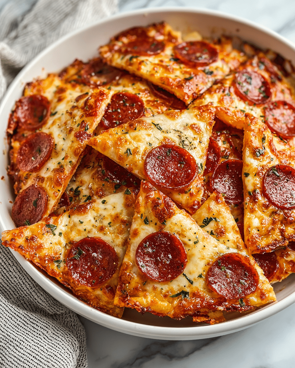 A white bowl filled with many layered triangular slices of pepperoni pizza. The bottom layer shows a thin, golden crust with visible patches of melted, slightly browned cheese. Each slice is topped with bright reddish-brown pepperoni slices, some slightly curled at the edges, and sprinkled with green herbs, adding texture and color. The cheese layer is bubbly and golden in spots, giving a crispy look in some areas. The bowl sits on a white marbled surface with a folded cloth nearby. photo taken with an iphone --ar 4:5 --v 7