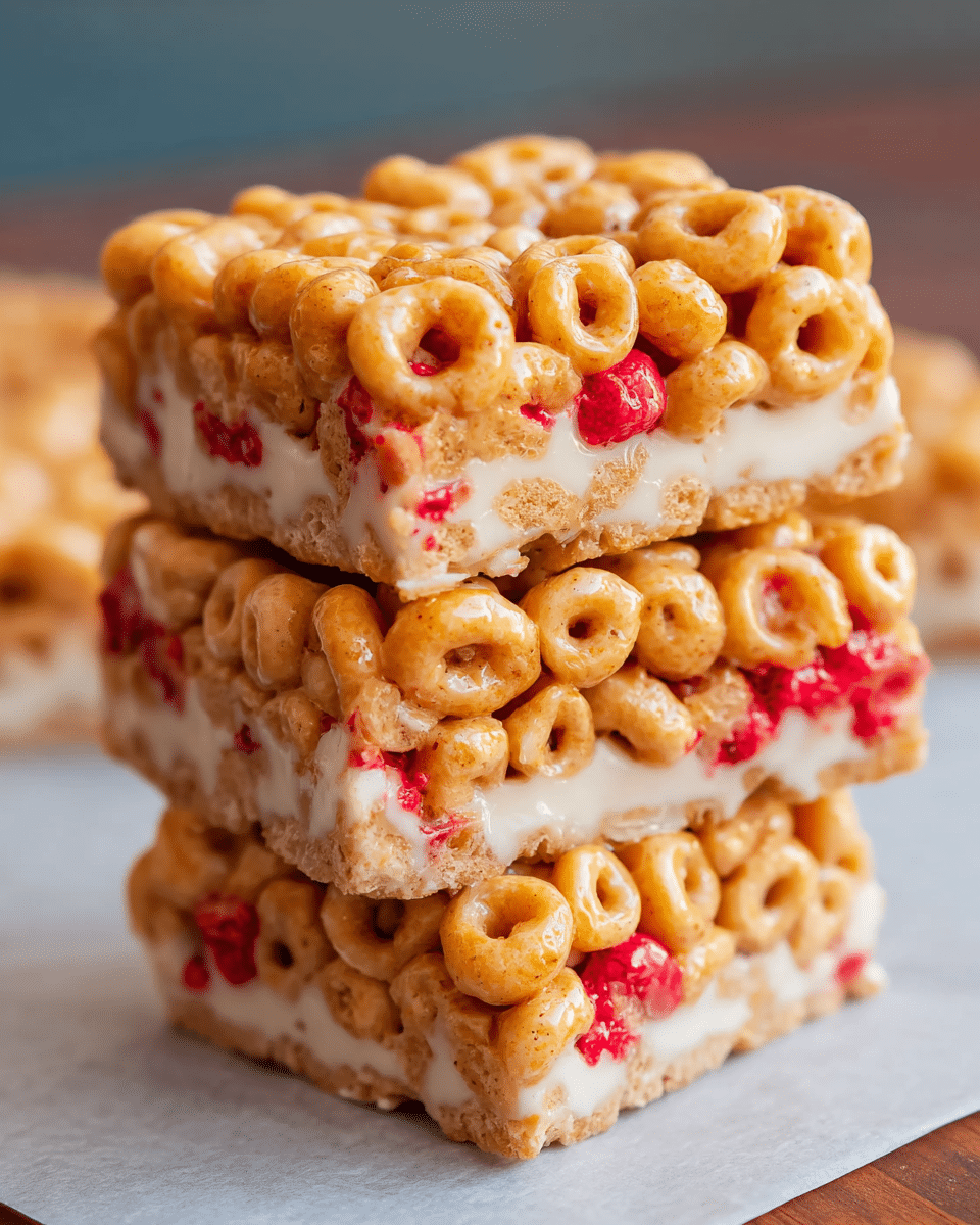 The image shows a stack of three square cereal bars placed on top of each other on a white marbled textured surface with some wax paper underneath. Each bar consists of two layers: the top layer is made of golden-brown round cereals with small bright red pieces scattered throughout, while the bottom layer is a creamy off-white layer that binds the cereals together. The cereal pieces have a glossy texture, and the creamy layer looks smooth and slightly thick. The stack is slightly tilted, showing the thickness and details of each bar clearly. photo taken with an iphone --ar 4:5 --v 7