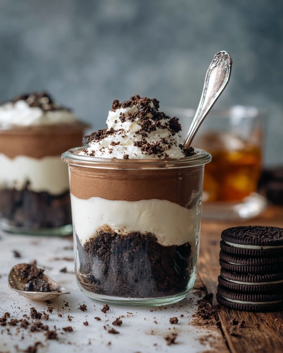 The image shows a clear glass jar dessert with four visible layers. The bottom layer is light brown and creamy, followed by a rough-textured dark chocolate crumb layer. Above that is a smooth white cream layer, topped again with a dark chocolate crumb layer. The topmost layer is a thick dollop of white whipped cream sprinkled with crushed dark chocolate crumbs. A vintage silver spoon is placed inside the jar. The setting includes a white marbled surface background, wooden table, a blurred second similar jar in the back, some Oreo cookies stacked on the right, and a glass with a brown liquid in the background. photo taken with an iphone --ar 4:5 --v 7