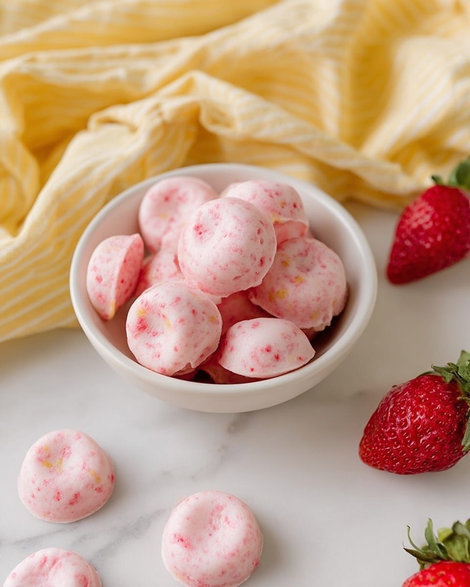 The image shows a white bowl filled with small, round pink discs that have a creamy texture and red specks throughout, placed on a white marbled surface. Around the bowl, several similar discs are scattered neatly. To the side, a few fresh strawberries with their green leafy tops add a vibrant red contrast. A soft yellow cloth with white stripes is draped in the background, providing a warm and cozy feel. photo taken with an iphone --ar 4:5 --v 7