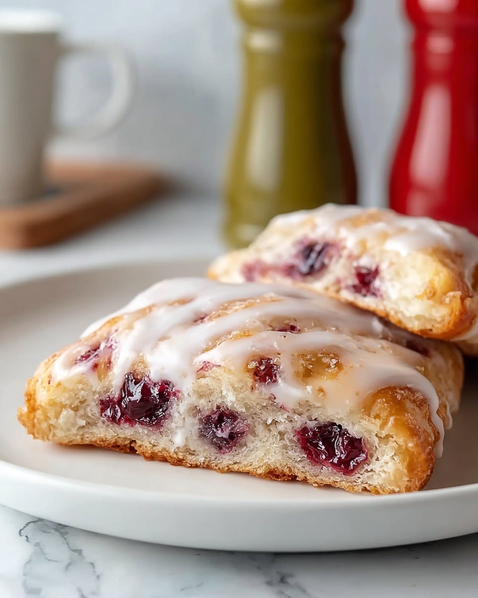 A close-up view of a single slice of cherry pastry on a white plate, showing two main layers: a light golden-brown crust with a slightly crispy texture at the bottom, and a soft, fluffy inner layer with a creamy off-white color speckled with juicy dark red cherry pieces embedded in it. A thin, shiny layer of white icing glaze is generously drizzled over the top, slightly melting and dripping down the sides, adding a glossy texture. The background is softly blurred with hints of green and red spice jars, and all placed on a surface with a white marbled texture. Photo taken with an iphone --ar 4:5 --v 7