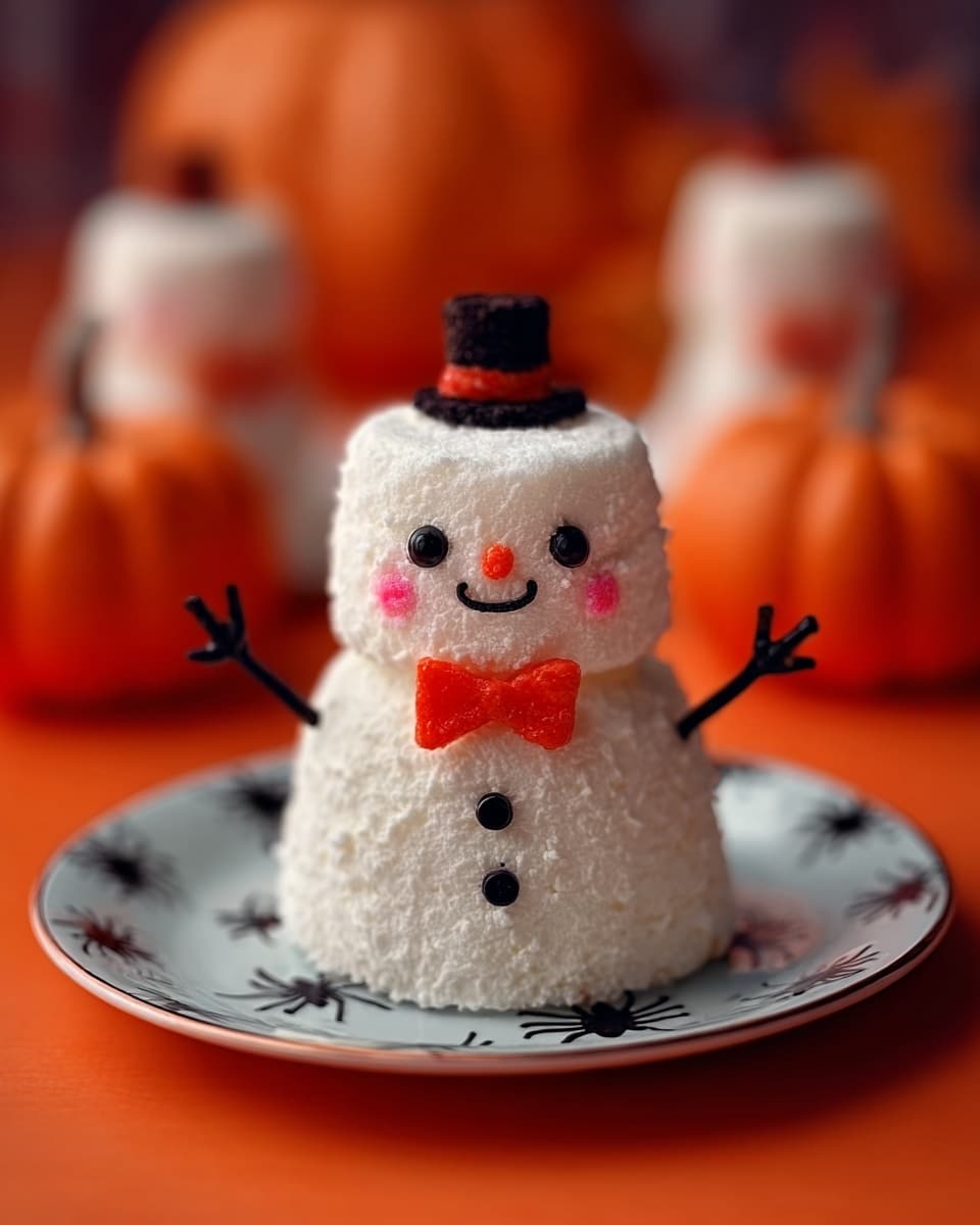 The image shows a small marshmallow snowman shaped like a Lego figure, placed on a round white plate with a black spider web design. The snowman has three main layers: a smooth white body with a textured surface like soft sugar, round pink cheeks on each side of its smiling face, and small black eyes and buttons made from icing. It wears a small red bow tie and a tiny red hat on top of its head. The background is a white marbled texture with some orange, out-of-focus Halloween decorations. Photo taken with an iphone --ar 4:5 --v 7