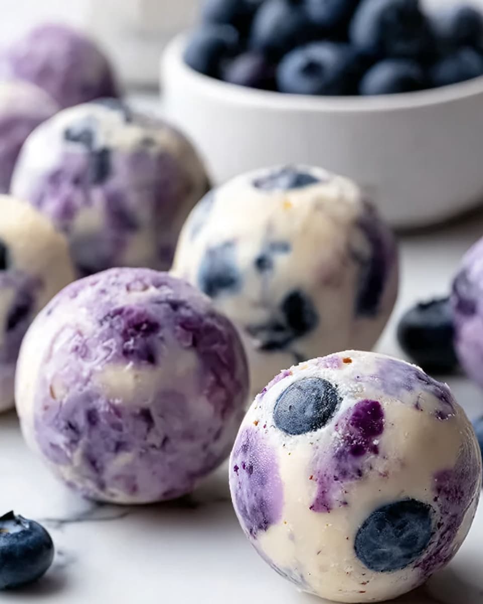 The image shows round dessert balls with a creamy, smooth texture. Each ball has a white base mixed with purple and dark blue, made from blueberries, with visible whole blueberries inside and some small nut pieces scattered throughout. The balls are placed on a white marbled surface, and in the background, a white bowl holds more of these colorful balls. The focus is on one ball in front, with others softly blurred behind it. Photo taken with an iphone --ar 4:5 --v 7