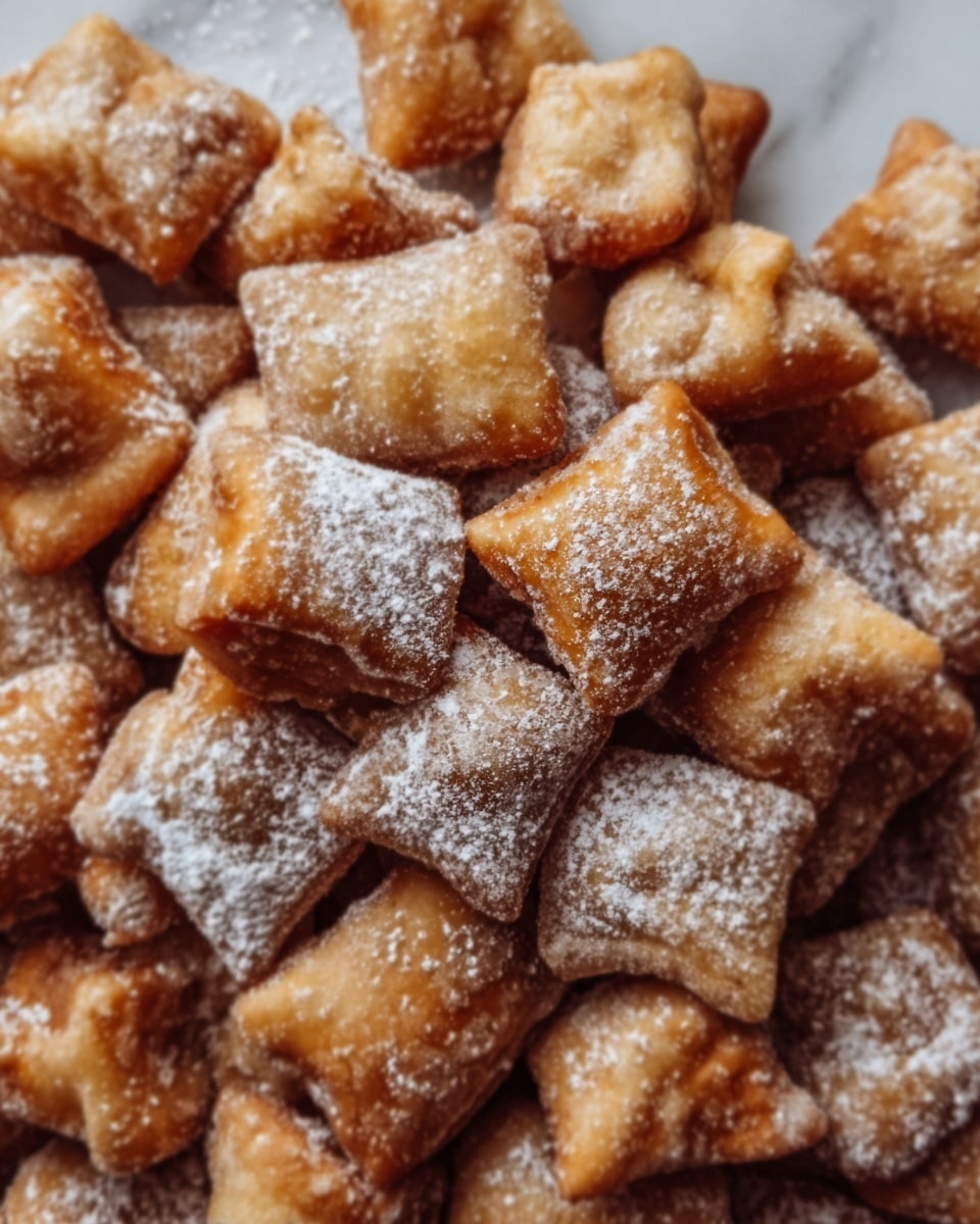 The image shows a close-up of many small, pillow-shaped fried dough pieces piled together, each piece golden brown with a crispy texture. They are dusted generously with a light layer of white powdered sugar, which adds a soft, powdery contrast to their crunchy surface. The dough pieces vary slightly in size but have a consistent rectangular shape with slightly puffed edges. The background is a white marbled texture. photo taken with an iphone --ar 4:5 --v 7