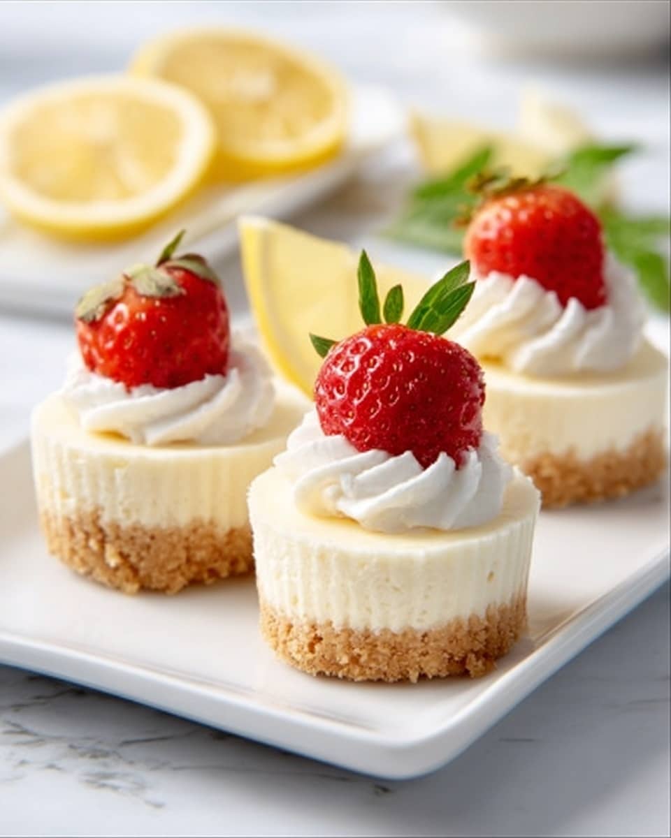 The image shows four small cheesecake cups on a white rectangular plate placed on a white marbled surface. Each cheesecake has three layers: a bottom layer of crumbly brown crust, a middle layer of smooth white cream cheese filling, and a top layer of white whipped cream. Each cheesecake is topped with a half or whole bright red strawberry, some with green leaves still attached. A few lemon slices and a small green herb leaf are also visible in the background, adding a fresh touch to the scene. Photo taken with an iphone --ar 4:5 --v 7