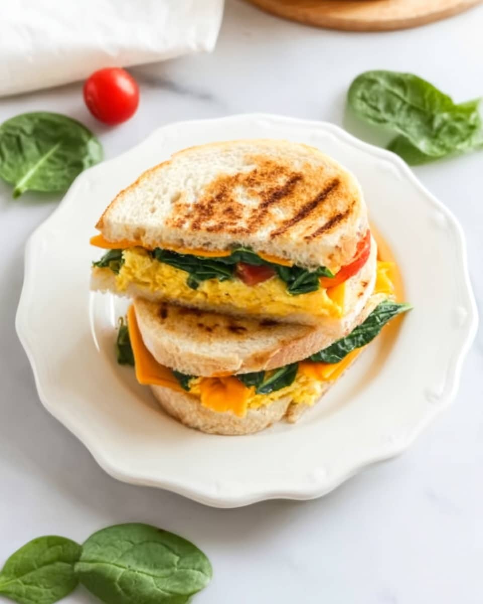 The image shows a sandwich cut in half, placed on a white scalloped edge plate. The sandwich has three visible layers: the bottom layer is green spinach leaves, the middle layer is yellow scrambled eggs, and the top layer has slices of orange cheddar cheese. The bread is a light golden brown with a soft texture and some grill marks. There is a white marbled surface under the plate, with spinach leaves and a small cherry tomato nearby. Photo taken with an iphone --ar 4:5 --v 7