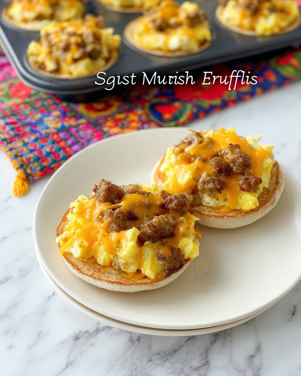 Two halves of an English muffin sit on a white plate, each topped with scrambled eggs that are yellow and fluffy. Small chunks of brown sausage are scattered evenly on top of the eggs, covered with melted orange cheddar cheese, creating a warm and hearty look. Behind the plate, more English muffin breakfast pizzas with the same toppings rest on a black baking tray. The surface beneath everything is a white marbled texture with a colorful checkered cloth adding a pop of red, yellow, and blue near the tray. Photo taken with an iphone --ar 4:5 --v 7