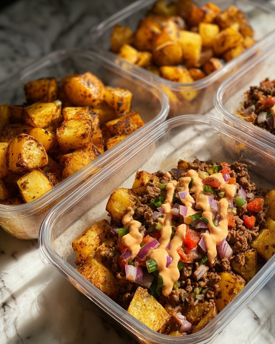 A clear plastic container filled with two main sections: on the right, golden-brown roasted potato cubes with a crispy texture, and on the left, a mix of cooked ground beef topped with a colorful layer of diced red onion, green bell pepper, and red tomato pieces, drizzled with a light orange creamy sauce; the container sits on a white marbled surface with other similar containers blurred in the background, all capturing warm natural light. photo taken with an iphone --ar 4:5 --v 7
