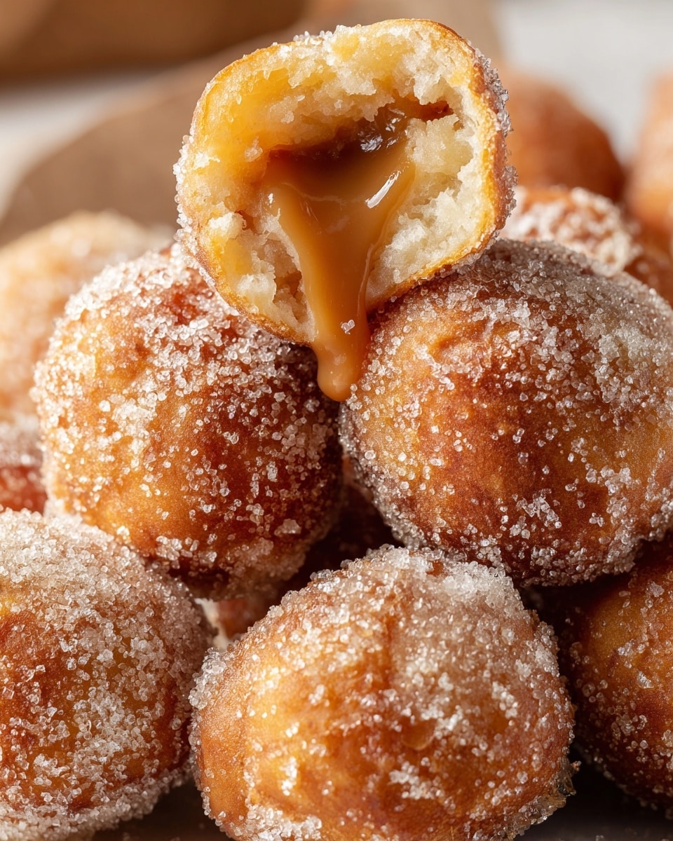 A close-up of small round fried dough balls covered in a fine layer of granulated sugar and cinnamon powder, showing a crispy golden brown outer layer with a rough texture; one dough ball is broken open on top, revealing a soft, gooey caramel-colored filling inside. The dough balls are piled closely together on a white marbled surface, with warm lighting highlighting their sugary coating and irregular shapes. Photo taken with an iphone --ar 4:5 --v 7