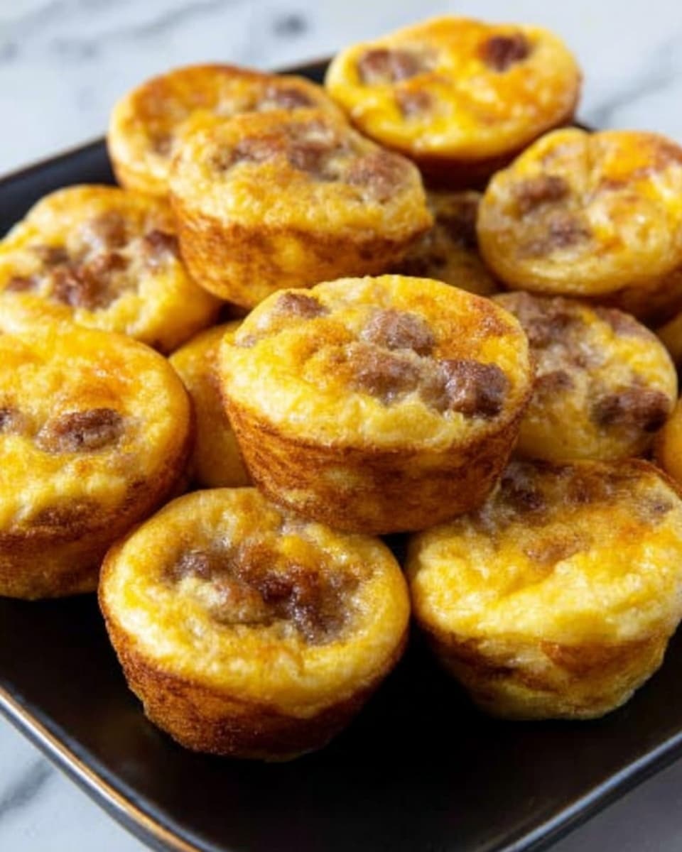 The image shows a black square plate filled with small, round, golden-brown mini quiches. Each mini quiche has a slightly crispy edge and a soft, yellow center mixed with bits of browned sausage or meat. The top surface of the quiches is smooth with a few darker spots where the cheese or egg has slightly caramelized. The plate is placed on a white marbled surface, and the overall scene is bright with natural light. photo taken with an iphone --ar 4:5 --v 7