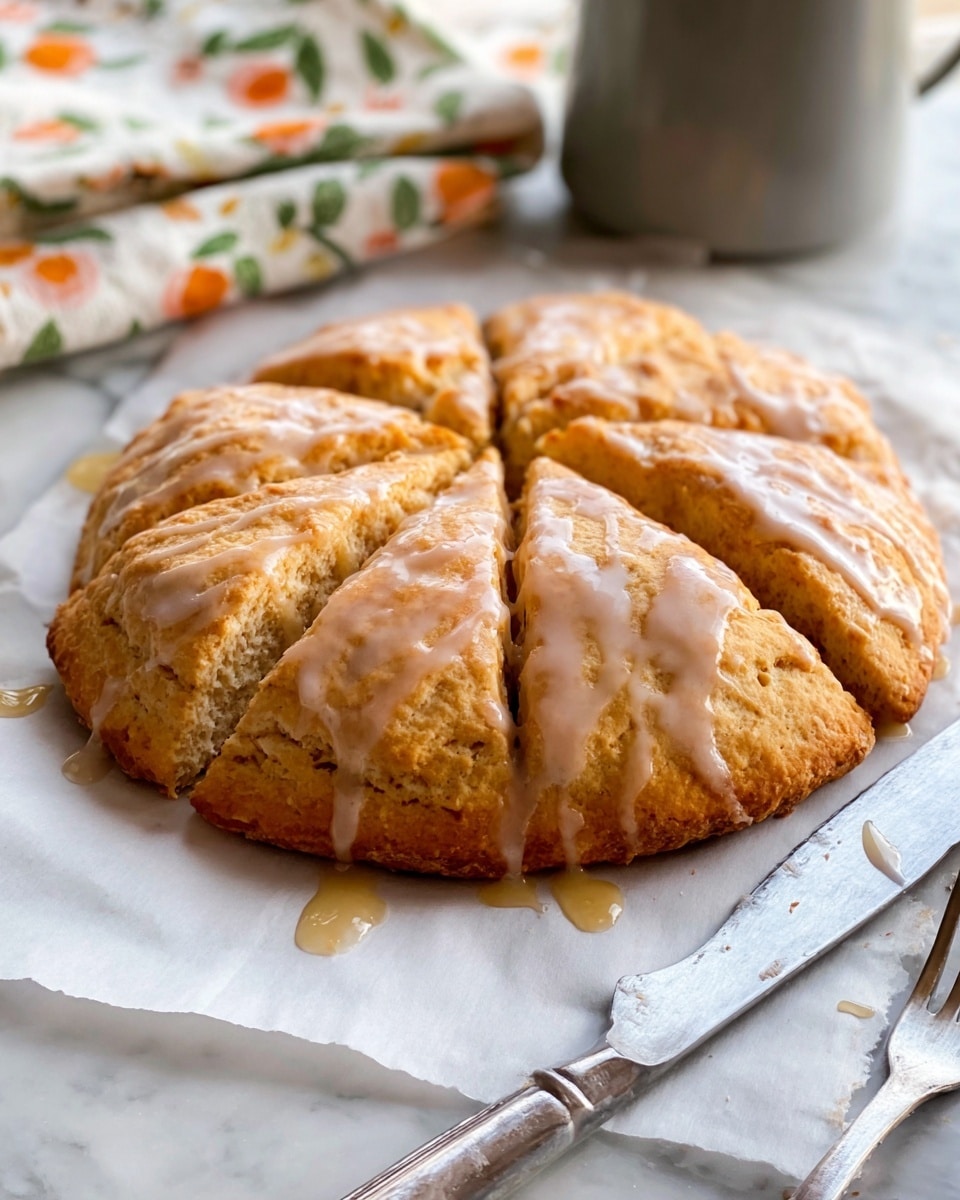 A round, golden brown scone is shown with eight separate wedge-shaped pieces, each covered in a smooth, light caramel-colored glaze that drips down the sides and pools slightly on the white marbled surface beneath. The scone has a slightly rough texture with visible cracks and a soft, crumbly look. In the background, part of a floral cloth with orange and green colors and a gray container are visible. To the right of the scone, a shiny black-handled knife lays on the white marbled surface, and at the front, a blurred silver fork points toward the scone. photo taken with an iphone --ar 4:5 --v 7