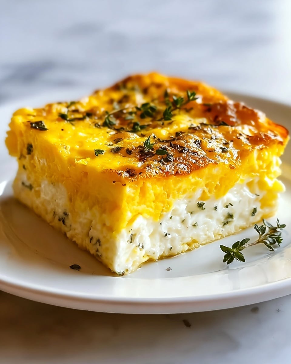 A close-up of a square piece of egg casserole sits on a white plate, resting on a white marbled surface. The casserole has two visible layers: the bottom layer is fluffy and white with some light yellow parts mixed in, while the top layer is a golden yellow with a slightly browned and bubbly texture. Small green herb leaves are scattered across the top layer, adding a fresh contrast to the warm yellow tones. The edges of the casserole are slightly browned, showing a crispy texture around the soft interior. photo taken with an iphone --ar 4:5 --v 7
