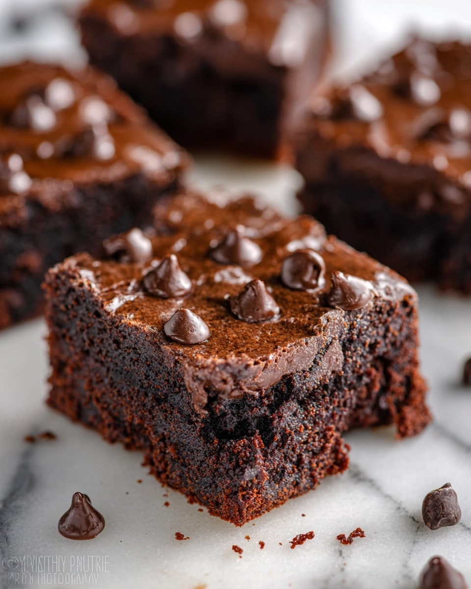 A close-up of a single square piece of chocolate brownie with a glossy, dark chocolate layer on top covered with scattered glossy chocolate chips. The brownie has a dense, moist texture with small holes visible in the rich, dark brown interior beneath the smooth top layer. Surrounding the main brownie, out of focus are more brownie pieces with the same texture and chocolate chip topping. The brownies are placed on a white marbled textured surface. photo taken with an iphone --ar 4:5 --v 7