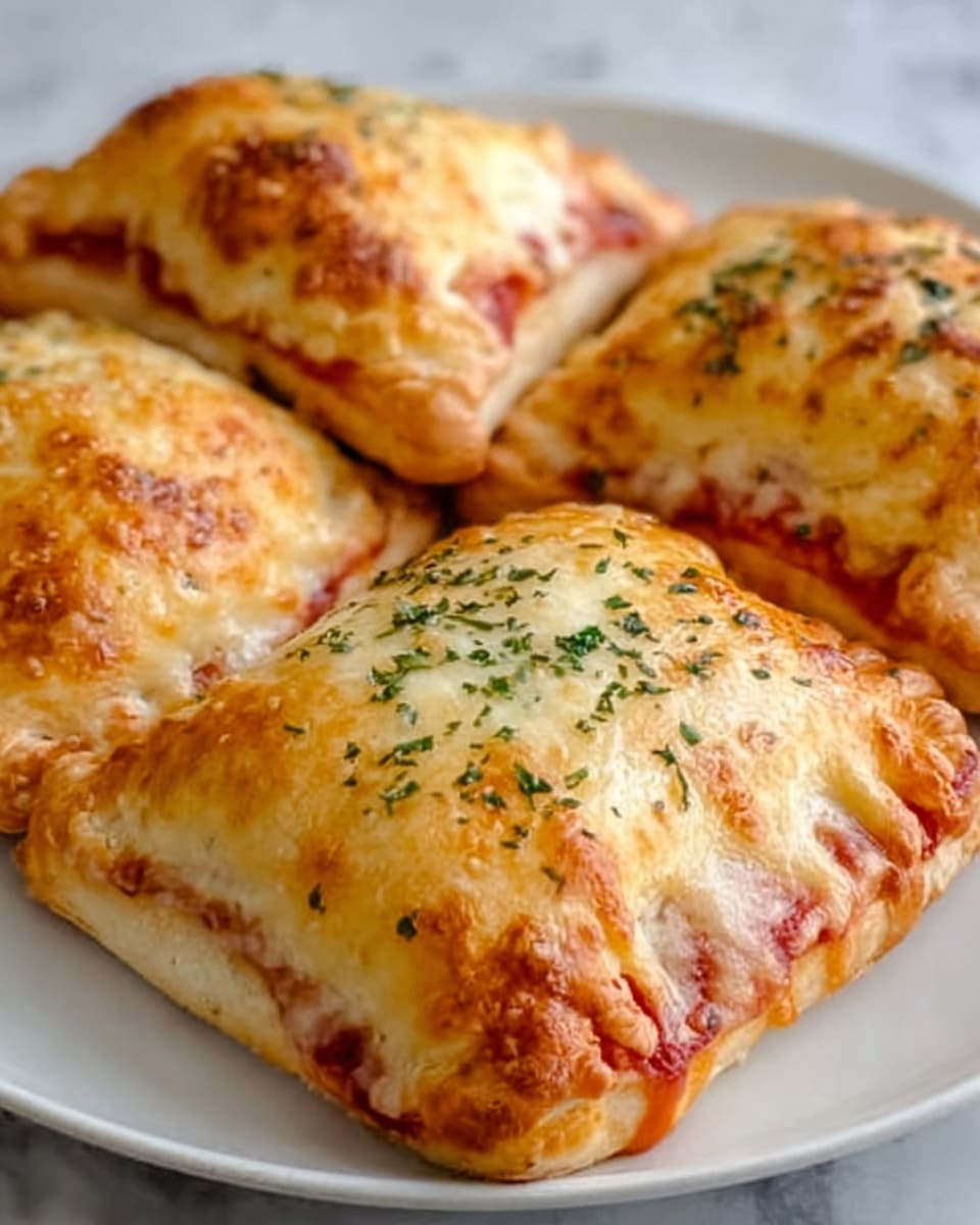 The image shows a close-up of three golden baked calzones on a white marbled surface. Each calzone is folded in a half-moon shape with a slightly puffy crust that is light golden brown with darker spots. The top layer is covered in melted cheese that is bubbly and browned in some places, sprinkled with small green herbs. The edges are sealed tightly with a flaky texture, and one calzone reveals a bit of red sauce and melted cheese inside. Photo taken with an iphone --ar 4:5 --v 7