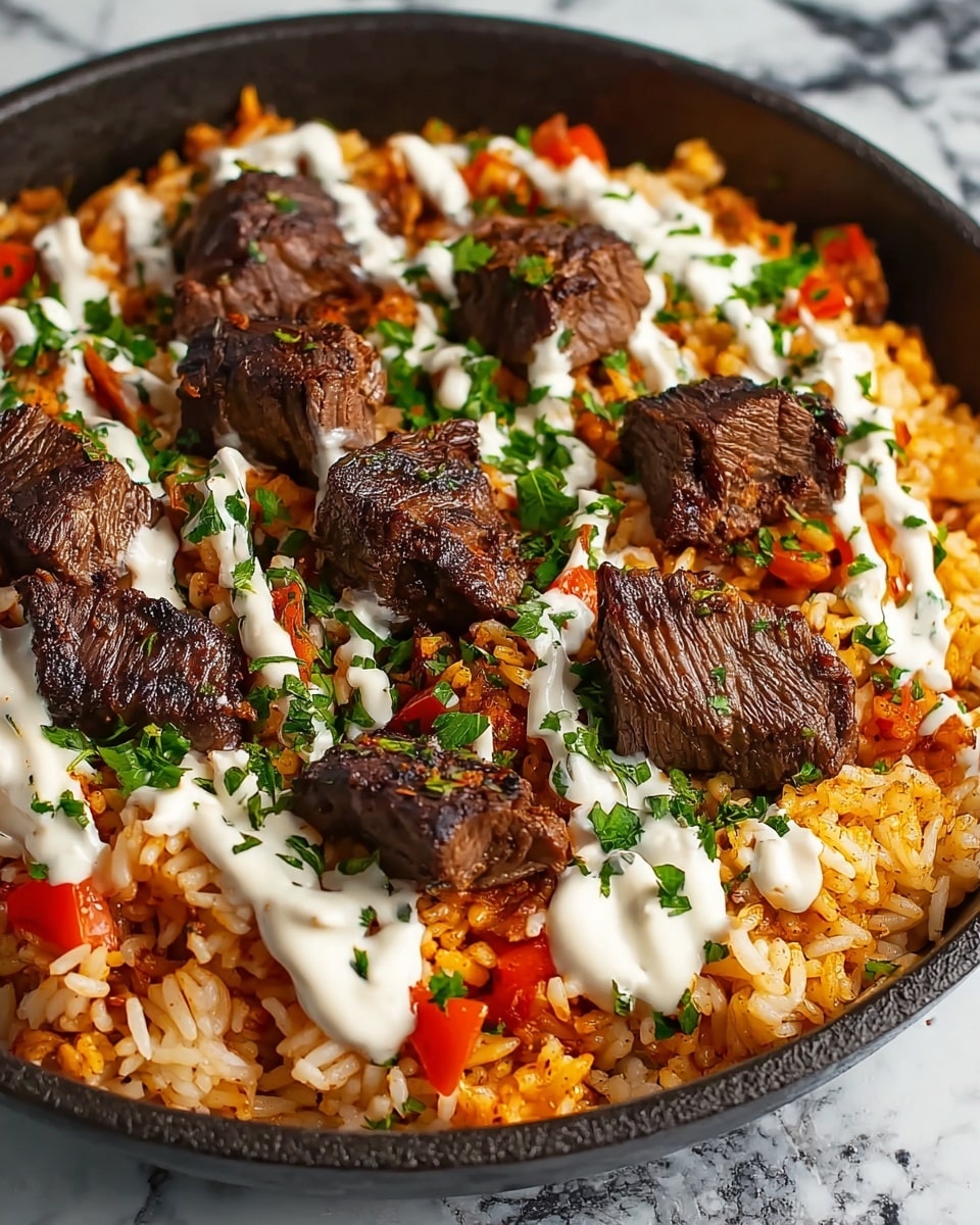 The dish shows a close-up of a pan filled with three main layers: the bottom layer is cooked rice, light brown with some orange tint from spices or sauce, mixed with small pieces of diced red tomatoes; above the rice, there are several pieces of grilled beef, dark brown with crispy edges and some charred marks, scattered evenly; on top, a white creamy sauce is drizzled in thin lines over the meat, and finely chopped green herbs, likely parsley or cilantro, are sprinkled all over adding fresh green dots. The background is a white marbled texture. photo taken with an iphone --ar 4:5 --v 7