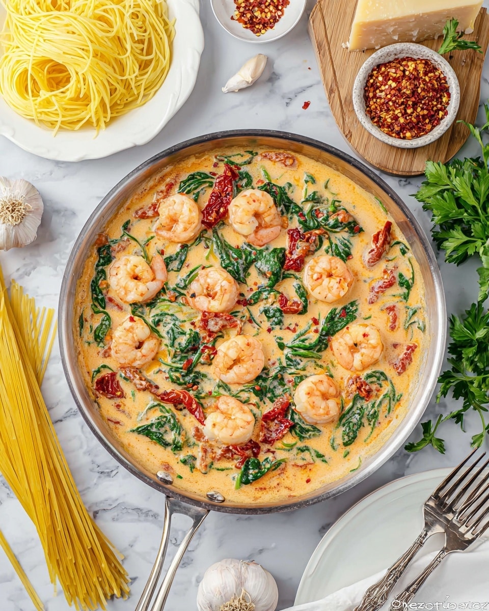 A pan filled with creamy orange sauce that has many pink shrimp, dark green spinach leaves, and thin red sun-dried tomato strips mixed evenly through the sauce. The pan handle points toward the bottom right corner on a white marbled surface. Around the pan, there is a corner of a wooden cutting board with a wedge of pale yellow cheese and a grater with shredded cheese. A small white dish with red chili flakes is placed on a blue and white striped cloth near the pan's bottom left. On the top right, there is a white plate with yellow cooked spaghetti. A white plate with three forks is at the bottom right. Some garlic cloves and green parsley sprigs are scattered on the white marbled surface. Photo taken with an iphone --ar 4:5 --v 7