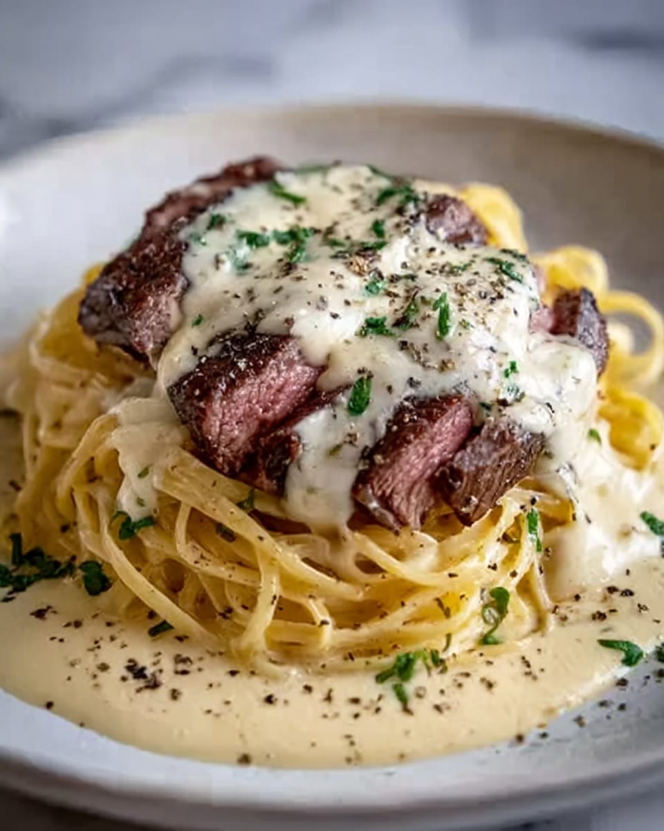 The image shows a white plate with spaghetti pasta spread all around forming the bottom layer; the pasta is creamy and light yellow in color with a smooth texture. On top of the pasta sits a thick, juicy steak cooked medium rare, showing a dark brown grilled outer layer with red-pink center slices. The steak is covered with a thick creamy white sauce that has some black pepper and green herbs sprinkled over it. Small chopped green herbs are scattered around the pasta and sauce, adding a fresh touch. The plate is set against a white marbled surface. Photo taken with an iphone --ar 4:5 --v 7
