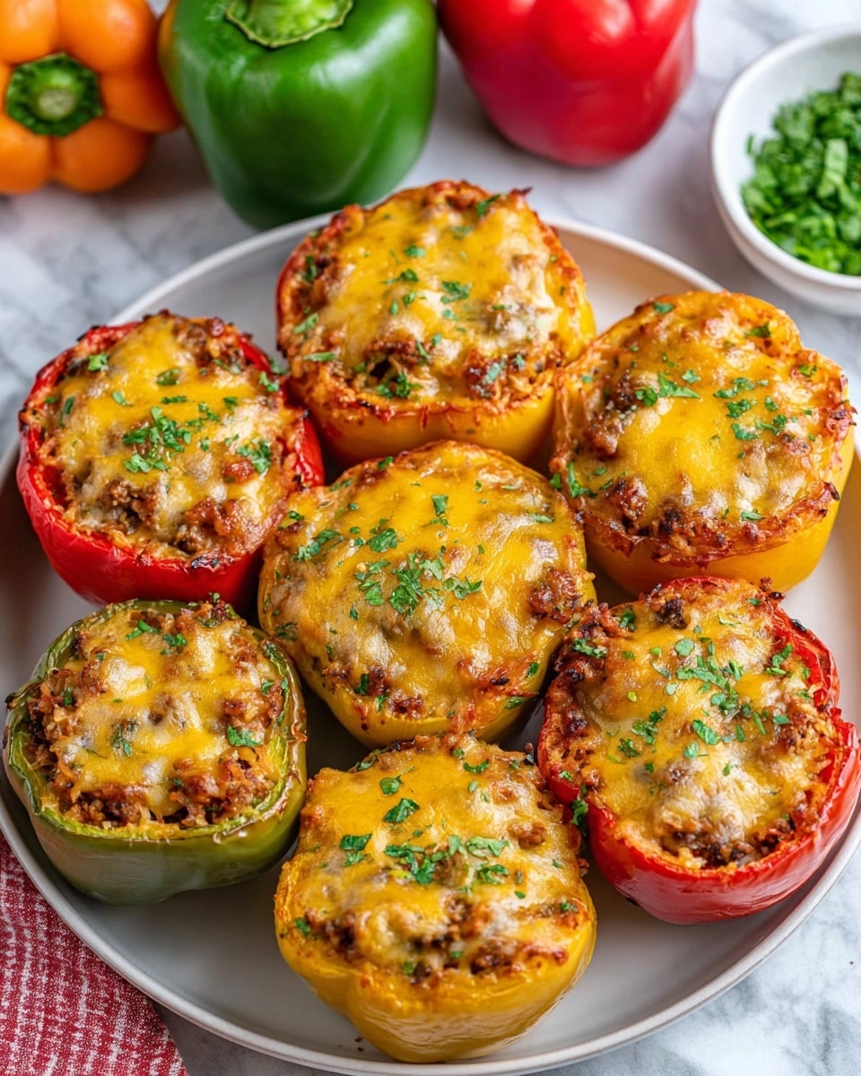 The image shows a white round pan filled with seven stuffed bell peppers arranged closely, with three red, three yellow, and two green peppers. Each pepper is cut in half horizontally and filled with a mixture of cooked ground meat and rice, topped with a thick layer of melted golden-yellow cheese that has browned slightly in spots. Small bits of green herbs are sprinkled on top of the cheese, adding color contrast. The peppers have glossy, soft skins that look roasted, and the edges inside the pan show some melted cheese and oil. The pan is placed on a white marbled surface with some green herbs in a small white bowl and whole bell peppers in the background. photo taken with an iphone --ar 4:5 --v 7
