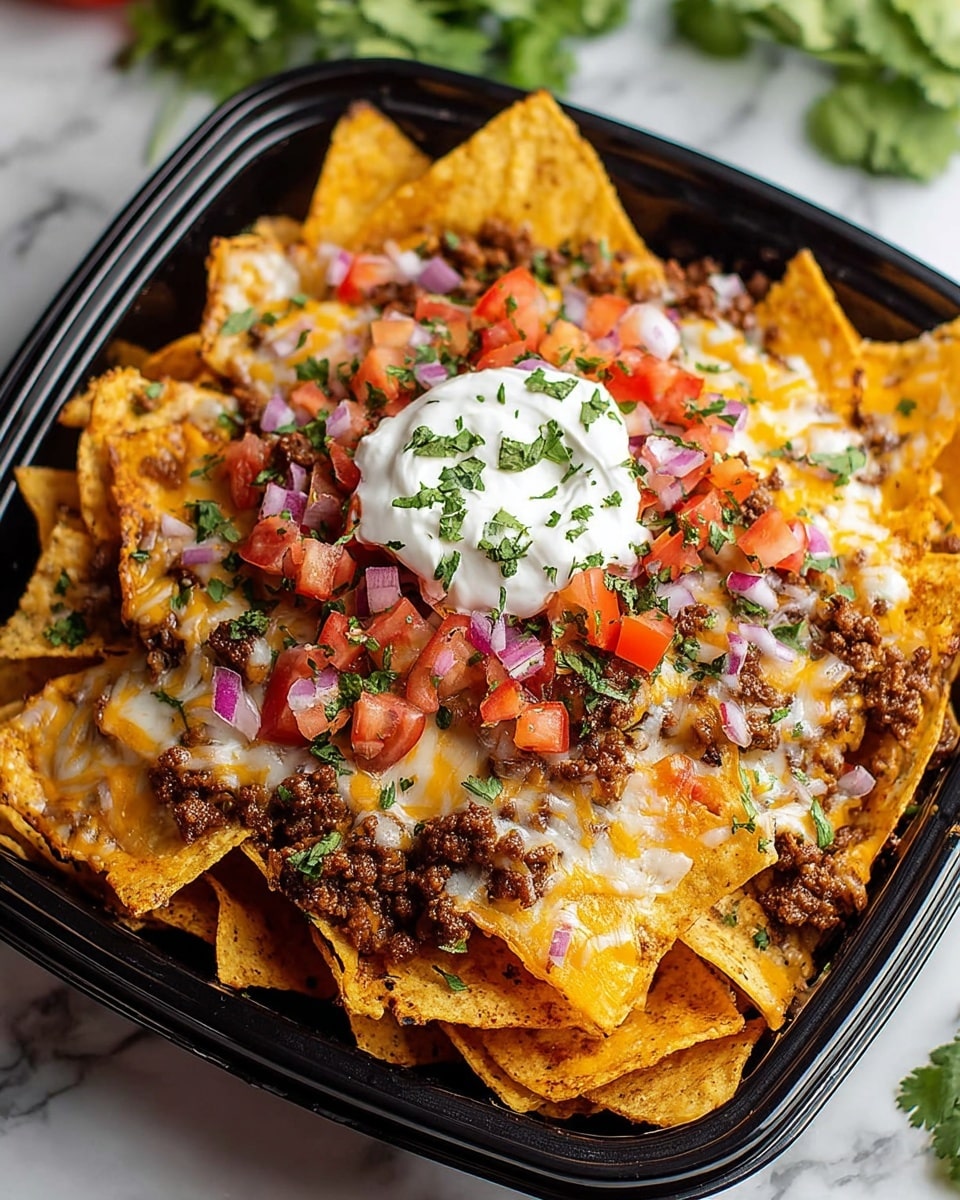 A black container holds a stack of nachos with three layers: the bottom and middle layers are made of yellow crispy tortilla chips, with ground meat scattered over them. The top layer includes melted white and orange cheese draped over the chips and meat, along with chopped red tomatoes, small pieces of purple onion, and green cilantro leaves sprinkled on top. In the center, there is a dollop of white sour cream with cilantro on it. The container is set on a white marbled surface with some green cilantro leaves scattered around. Photo taken with an iphone --ar 4:5 --v 7