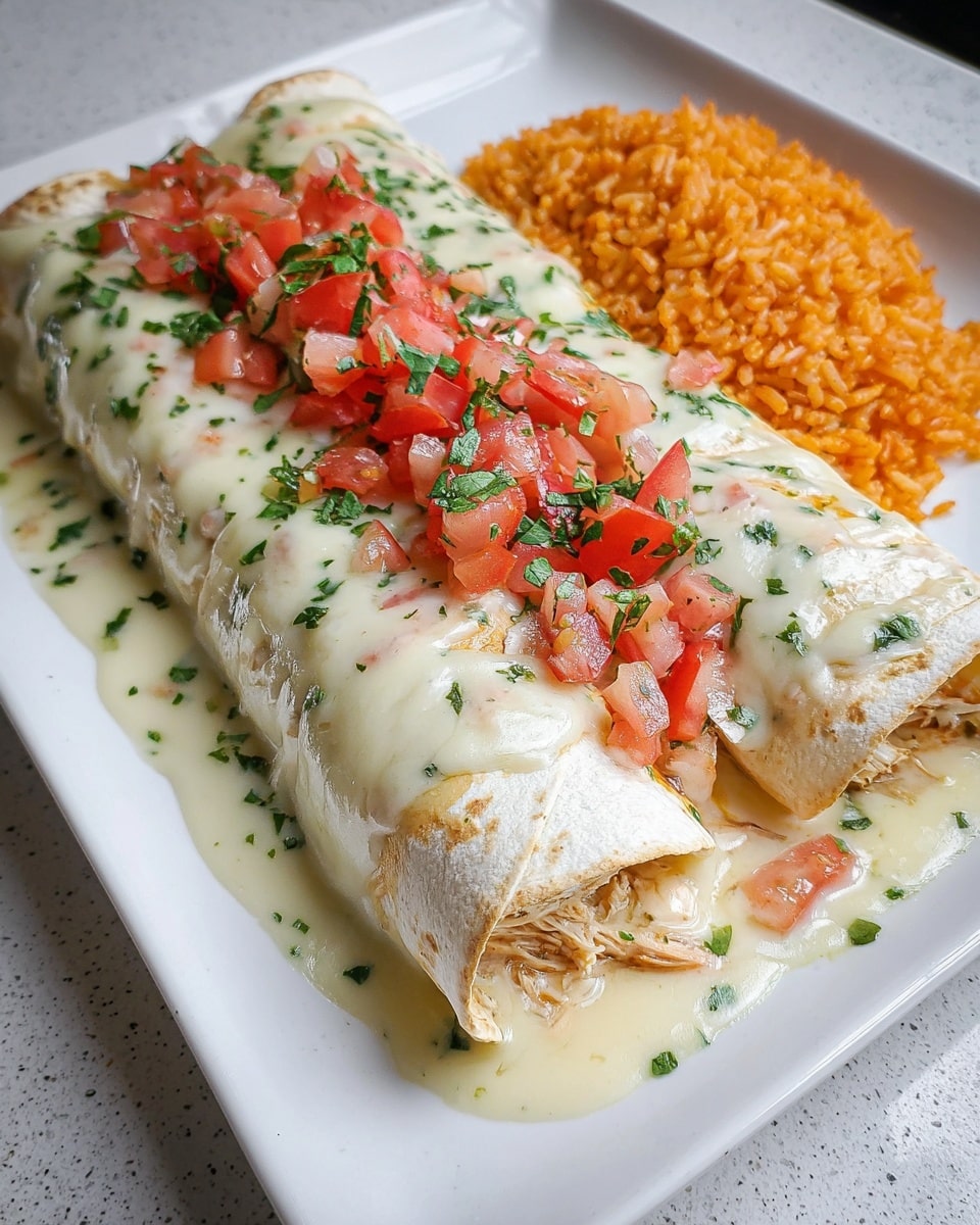 A white rectangular plate holds two rolled tortillas filled with shredded chicken, slightly browned on the edges. The tortillas are covered in a smooth, creamy white cheese sauce that drips gently over the sides. On top, there is a layer of finely chopped red tomatoes mixed with small bits of green herbs, adding fresh color. To the side of the tortillas, there is a neat mound of reddish-orange Mexican rice with a soft texture. The plate sits on a white marbled surface. Photo taken with an iphone --ar 4:5 --v 7
