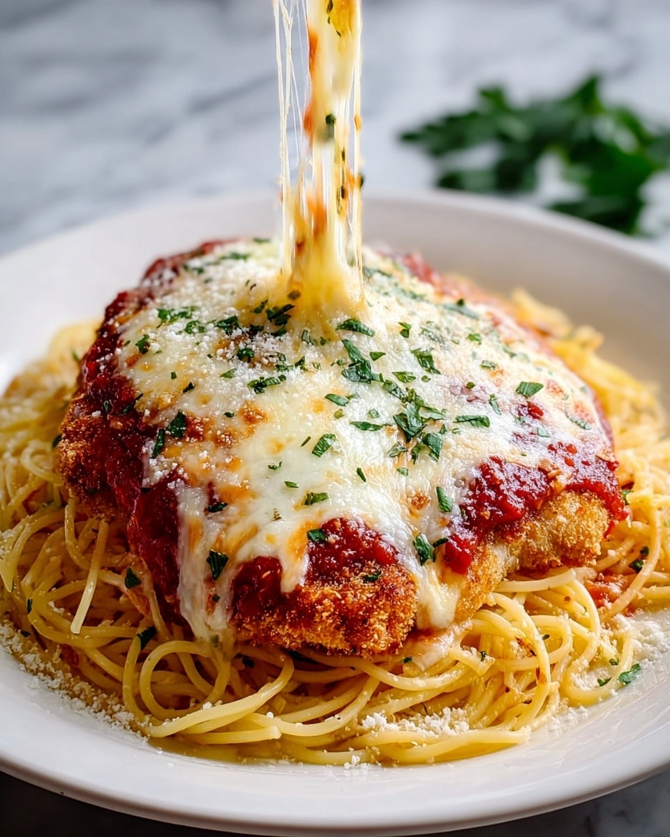 A white plate holds a bed of light golden spaghetti noodles arranged in a circular pattern as the bottom layer. On top sits a golden-brown breaded chicken cutlet covered with a thick, rich red tomato sauce. The chicken is generously topped with melted, gooey white cheese, stretching upwards in long threads. The cheese layer is sprinkled with finely grated white cheese and small green herb bits, adding color and texture contrast. The dish is placed on a white marbled surface. photo taken with an iphone --ar 4:5 --v 7