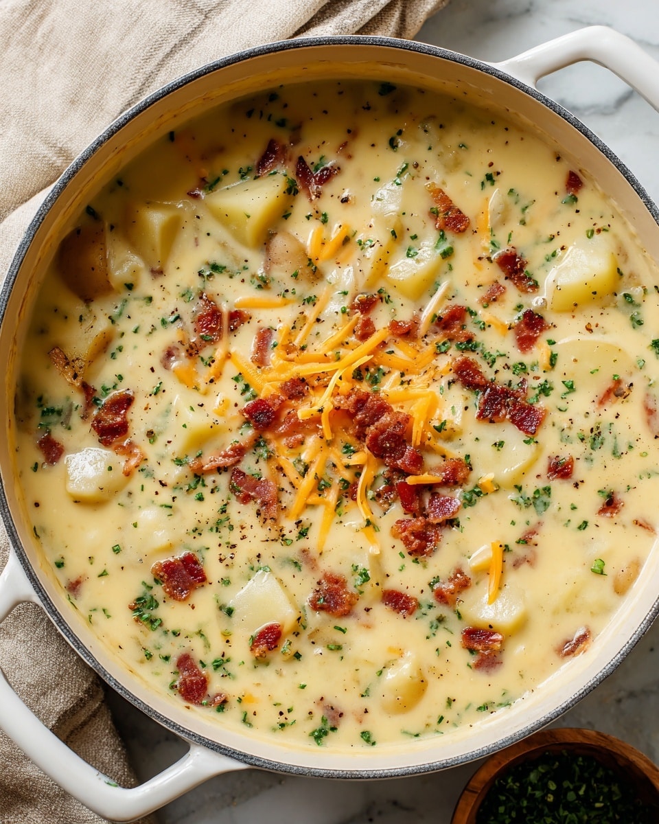 A large white pot filled with creamy potato soup shows a thick pale yellow base with visible chunks of soft, light yellow potatoes scattered evenly throughout. On top, a sprinkling of small crispy reddish-brown bacon pieces, finely chopped green herbs, and thin grated orange cheese add color and texture. The soup surface glistens slightly, with small black pepper specks evenly spread. The pot sits on a white marbled surface with a beige cloth partially visible beside it. Photo taken with an iphone --ar 4:5 --v 7