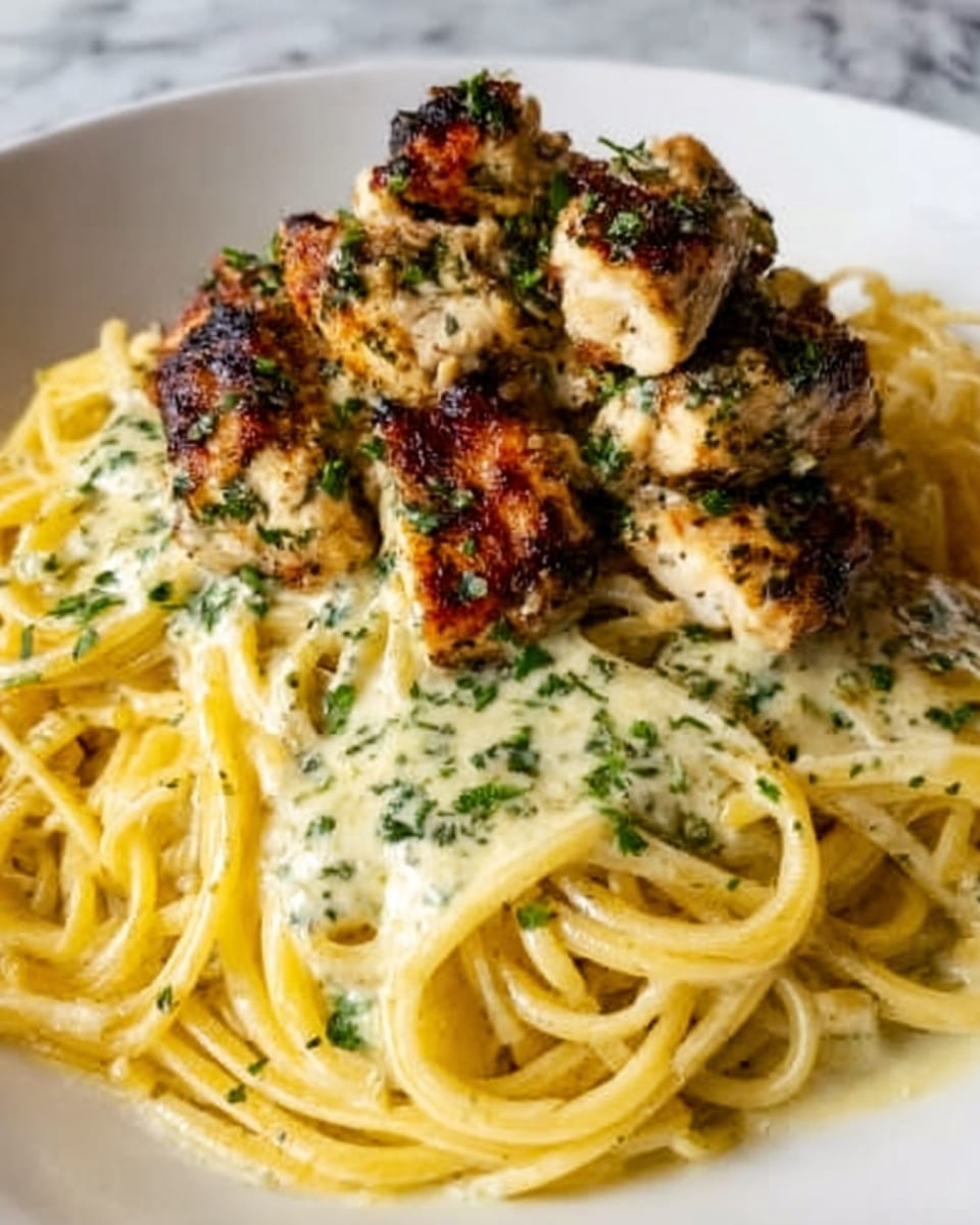 A white plate holds a serving of spaghetti pasta at the bottom, with long, smooth, golden-yellow strands coiled loosely. On top, there are several pieces of grilled chicken arranged in a slightly stacked way; the chicken is browned with a charred look and herbs sprinkled over it. A creamy herb sauce covers parts of the pasta and chicken, with visible green herb flakes adding texture. The background is a white marbled surface. photo taken with an iphone --ar 4:5 --v 7