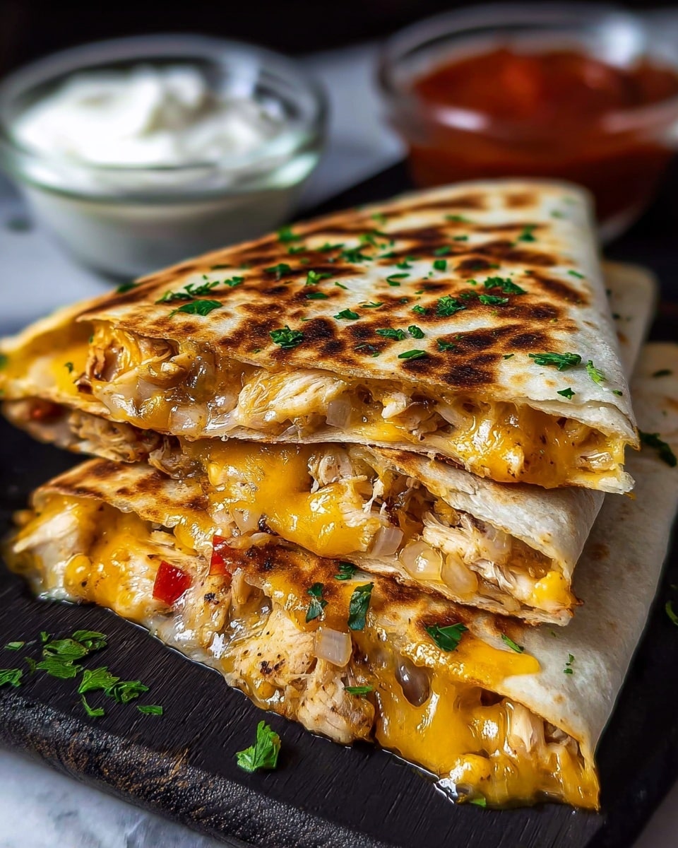 The image shows a close-up of two grilled quesadilla slices stacked on a black wooden board with a white marbled background. Each quesadilla has several layers: the top layer is a golden-brown, slightly charred tortilla with green parsley sprinkled on it. Inside, the layers include melted yellow cheddar cheese mixed with cooked chicken pieces and sautéed onions that are light brown and soft. Small bits of red, likely bell peppers or tomatoes, appear within the filling, adding color and texture. Around the quesadilla are tiny chopped parsley leaves. In the blurred background, there are two small glass bowls, one filled with white sour cream and the other with red salsa. Photo taken with an iphone --ar 4:5 --v 7