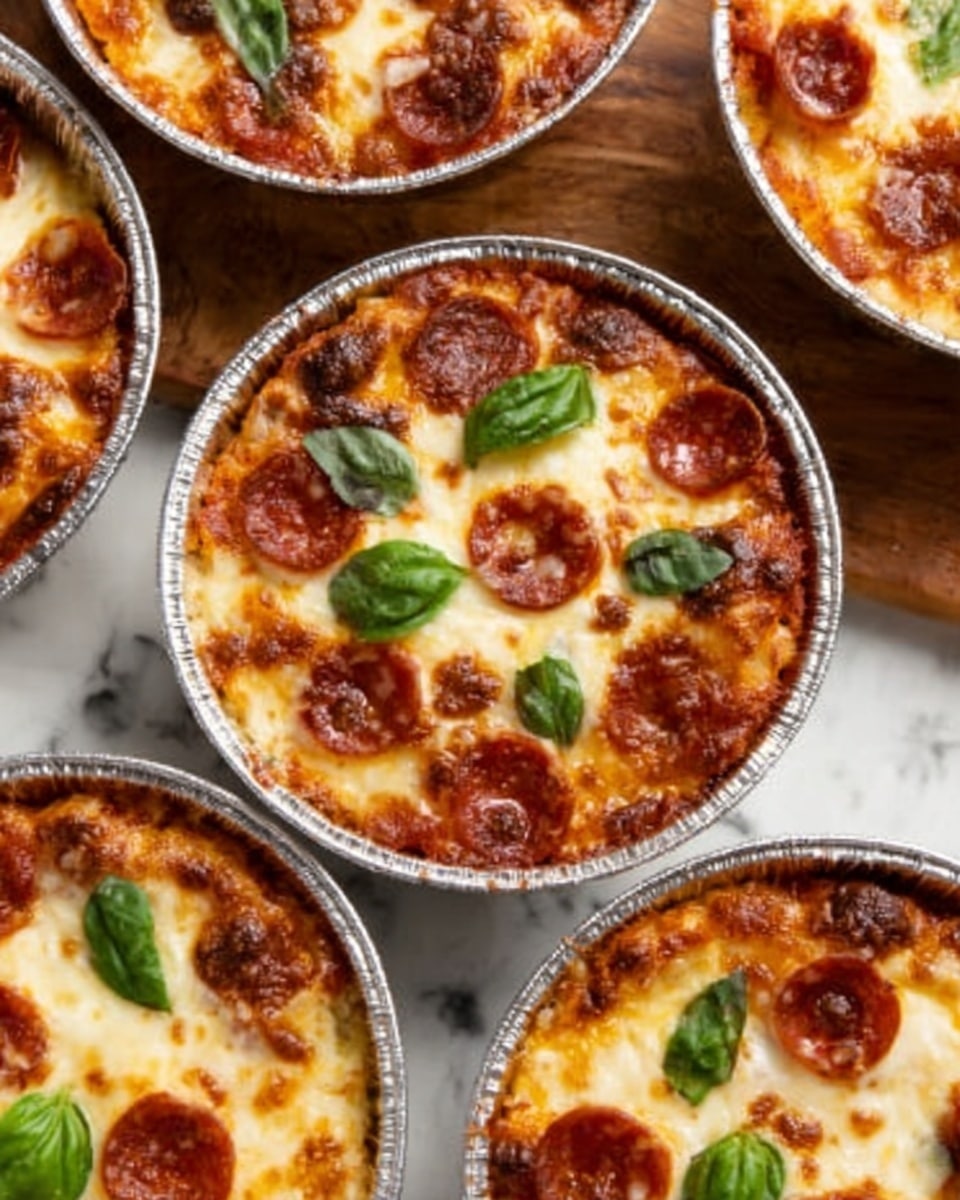 The image shows several small round white plates filled with mini deep-dish pizzas. Each pizza has a thick crust with a golden-brown edge, topped with melted cheese bubbles that are creamy white mixed with browned spots. There are small round pepperoni slices scattered on top, some slightly crispy, with a few green basil leaves placed as garnish. The pizzas are closely arranged on a white marbled surface, creating a cozy and inviting look. photo taken with an iphone --ar 4:5 --v 7