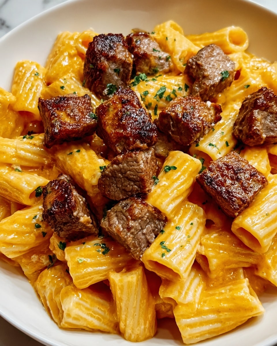 A white plate filled with rigatoni pasta coated in a creamy orange sauce, each tube-shaped pasta showing ridges and a smooth glossy texture. On top, there are several pieces of browned, grilled meat cubes with a slightly crispy outer layer and tender inside, scattered evenly over the pasta. Small bits of green herbs are sprinkled across both pasta and meat, adding contrast and freshness. The whole dish sits on a white marbled surface, creating a clean and bright background. photo taken with an iphone --ar 4:5 --v 7