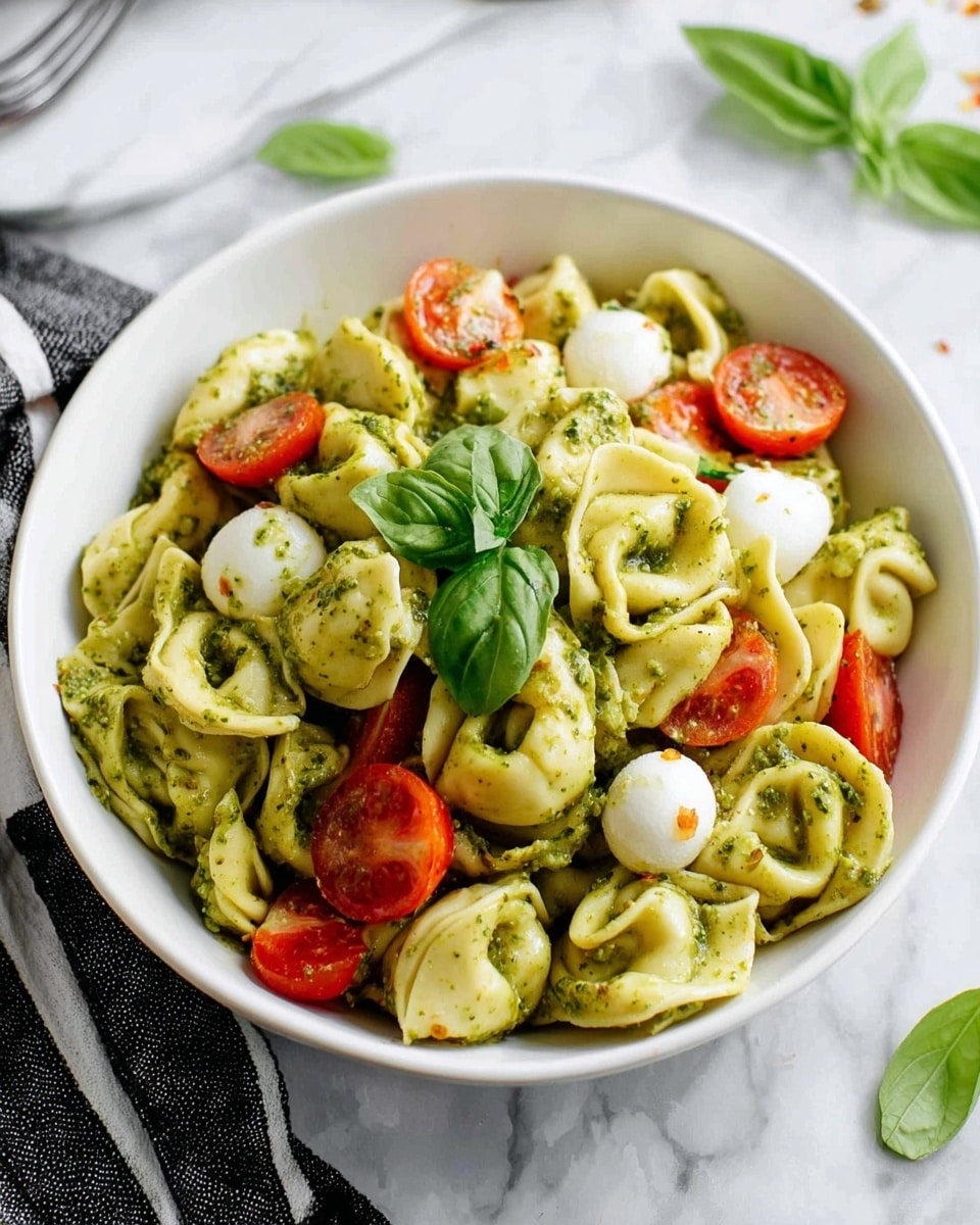 A white bowl filled with three layers: the bottom layer has tortellini pasta coated in green pesto sauce with a smooth and slightly oily texture, the middle layer has red halved cherry tomatoes and small white mozzarella balls scattered around, and the top layer is garnished with fresh green basil leaves placed in the center, all set on a white marbled surface with a black and white striped cloth nearby. Photo taken with an iphone --ar 4:5 --v 7