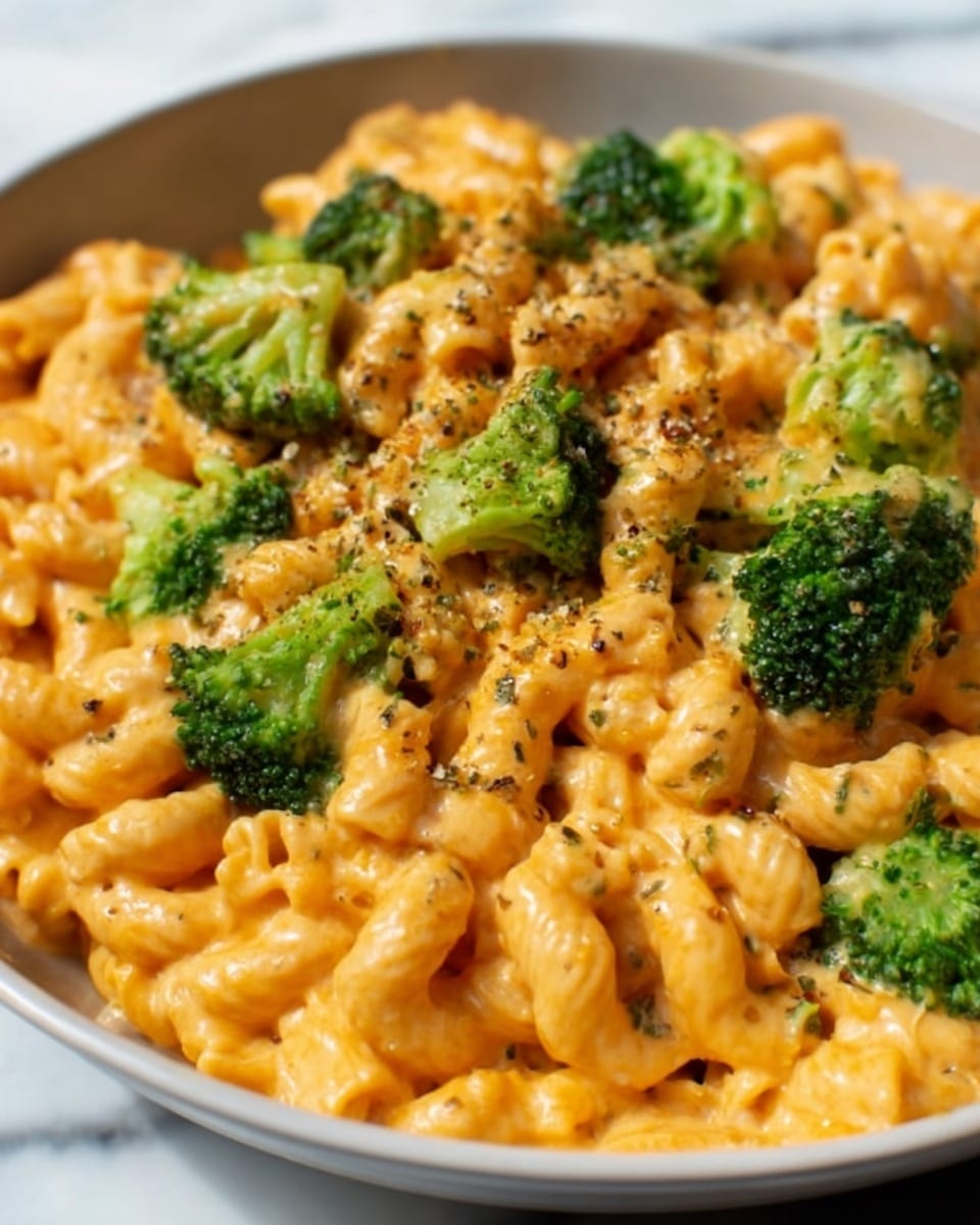 The image shows a close-up of a creamy pasta dish with three visible layers: the bottom layer is made of short, twisted pasta shapes in a bright orange cheese sauce, the middle layer consists of small, bright green broccoli florets scattered evenly through the pasta, and the top layer is sprinkled with a light dusting of black pepper and small herb flakes. The textures are smooth and rich from the sauce on the pasta, with the broccoli adding a fresh and slightly rough texture. The dish is served in a white bowl placed on a white marbled surface. Photo taken with an iphone --ar 4:5 --v 7