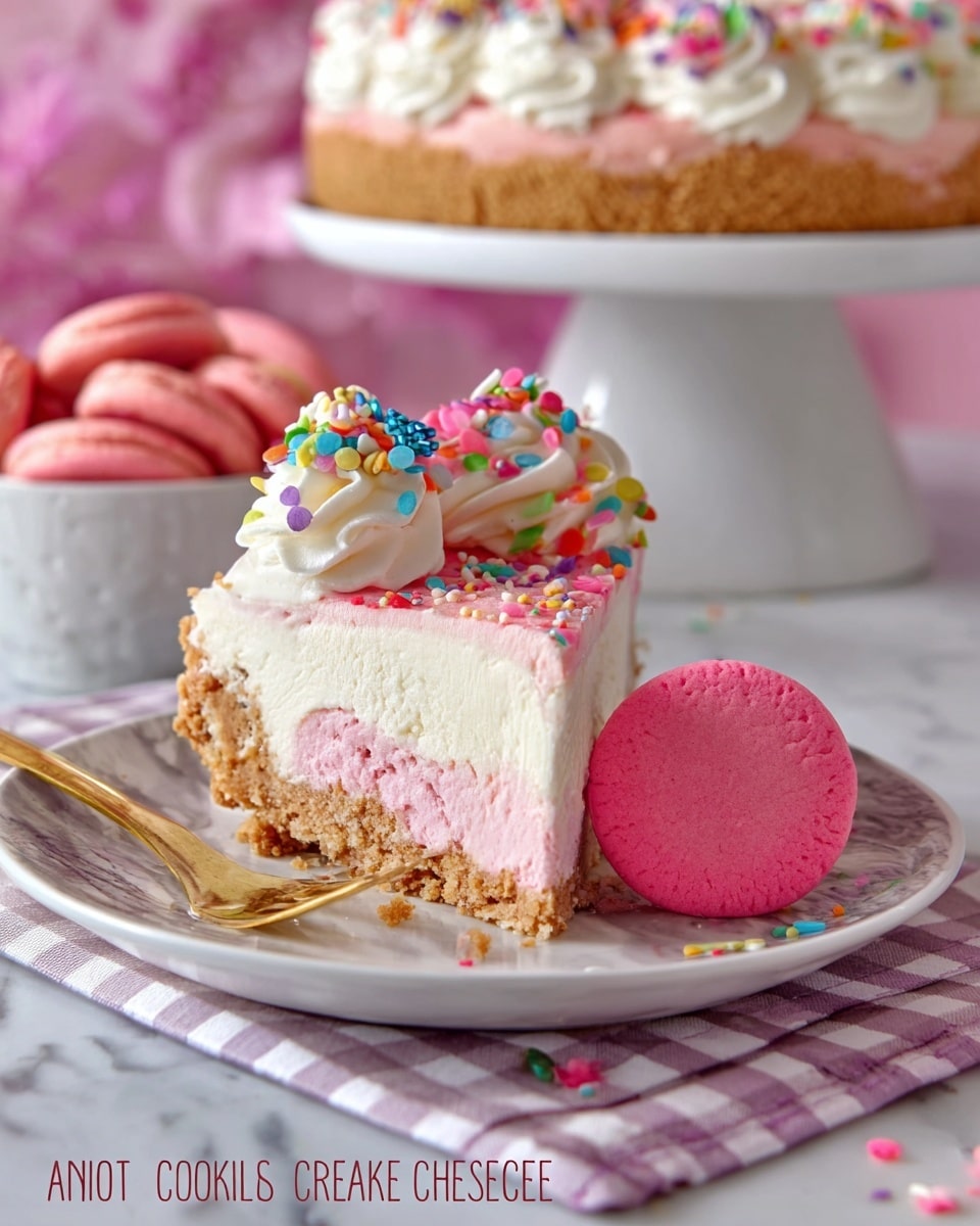 A slice of no-bake cheesecake sits on a white plate with a subtle grey marble design, placed on a white marbled surface. The cheesecake has three visible layers: a pink cookie crumb crust at the bottom, a thick, fluffy white cheesecake layer in the middle, and a smooth pink topping with colorful round sprinkles on top. A dollop of whipped cream rests near the back edge of the slice with a bright pink, round cookie embedded in it, and a few more pink cookies with sprinkles lie beside the slice on the plate. In the background, there is a white bowl filled with more pink cookies and a tall white cake stand holding the rest of the cheesecake, all set against a soft pink checkered cloth and a blurred pink wall. A gold fork lies on the plate’s right side. Photo taken with an iphone --ar 4:5 --v 7