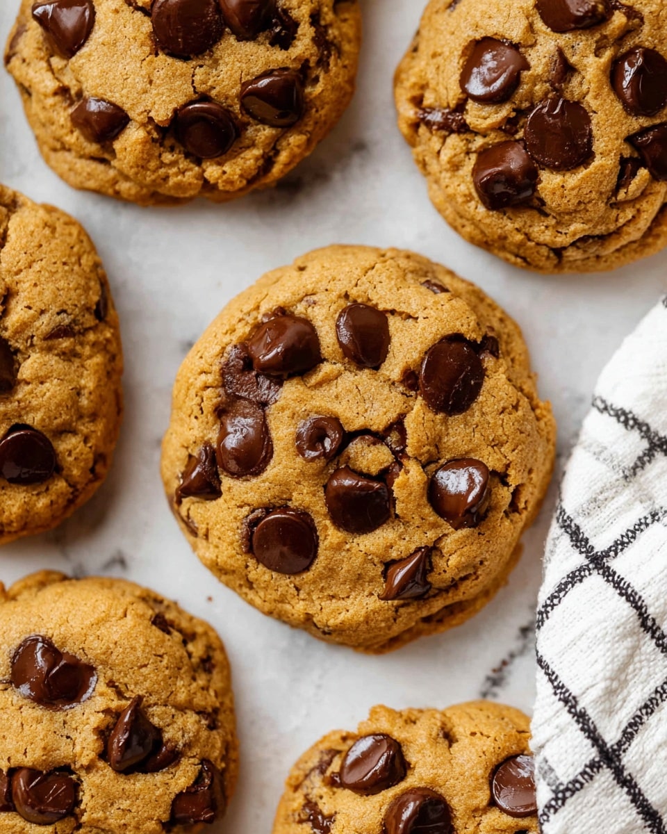 Several round chocolate chip cookies with a soft, golden-brown texture are spread out on a white marbled surface. Each cookie is studded with many dark, glossy chocolate chips that are slightly melted on top. The cookies have a slightly cracked surface revealing a chewy inside. In the bottom right corner, a bit of a white cloth with a black check pattern is visible. The focus is close-up, showing the detailed texture of the cookies. photo taken with an iphone --ar 4:5 --v 7