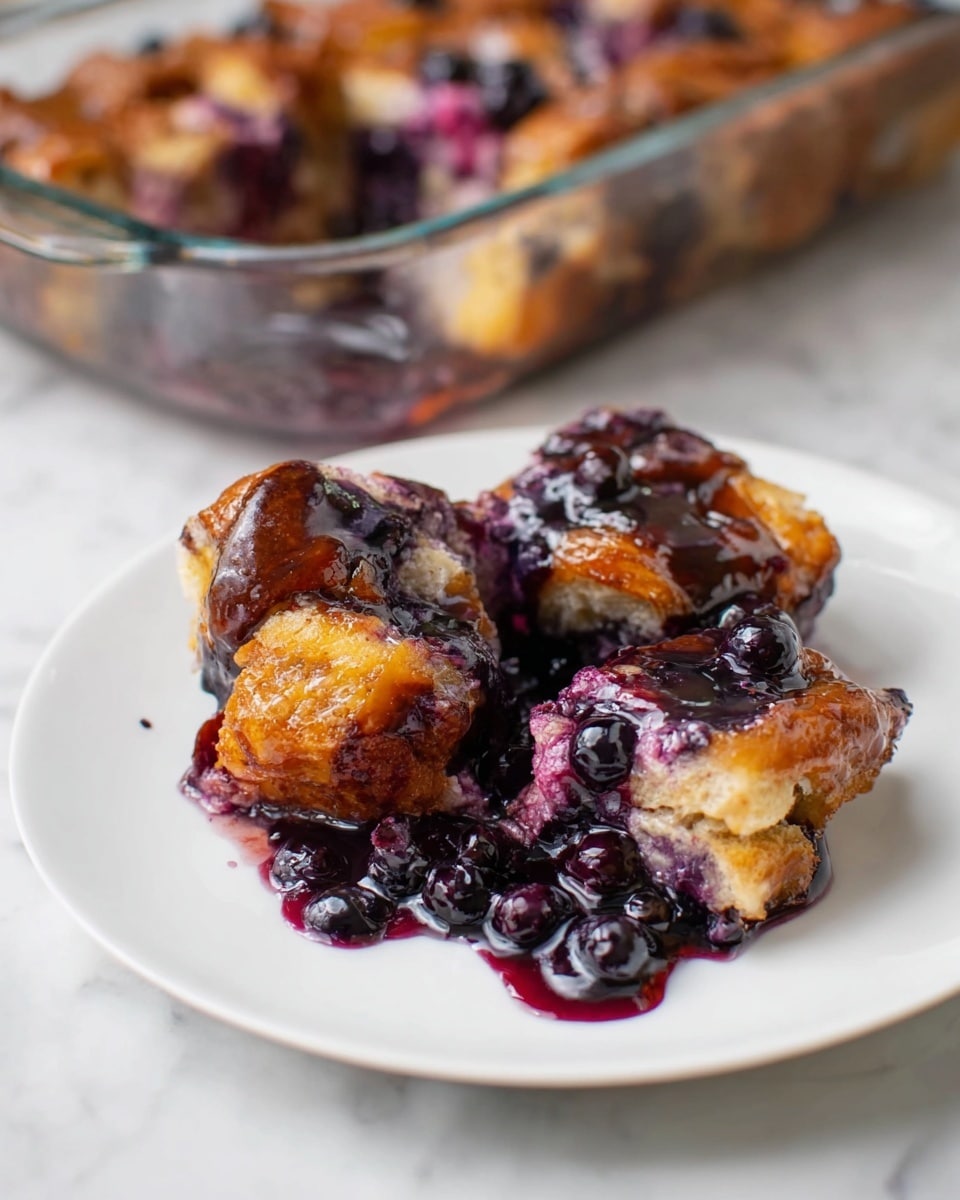 The image shows a close-up of three pieces of sticky bread pudding on a white plate, each piece golden brown with a slightly crispy top and soft inside, covered in shiny, dark purple blueberry sauce that pools around the base and drips down the sides. The sauce is thick and glossy with visible whole blueberries. The bread pudding pieces have a rough, textured surface with bits soaked in sauce, giving a mix of light golden and deep purple colors. In the background, there is a clear glass baking dish filled with more of the same bread pudding, showing layers of browned bread and glossy blueberry sauce inside. The whole scene is set on a white marbled surface. photo taken with an iphone --ar 4:5 --v 7