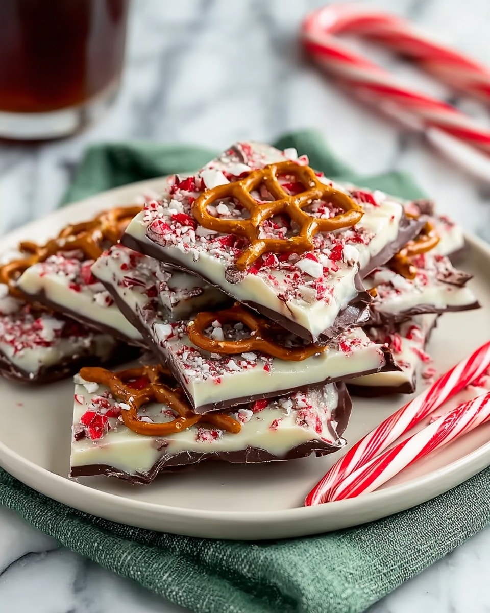 A white plate stacked with square pieces of peppermint bark, each piece showing three visible layers: a smooth dark brown chocolate base, a thick creamy white chocolate middle layer, and a topping of crushed red peppermint candy and small twisted golden brown pretzels scattered on top. The plate sits on a white marbled surface with a green cloth beside it, and two red and white striped candy canes resting next to the plate. In the background, a blurred glass of dark liquid adds depth to the image. Photo taken with an iphone --ar 4:5 --v 7
