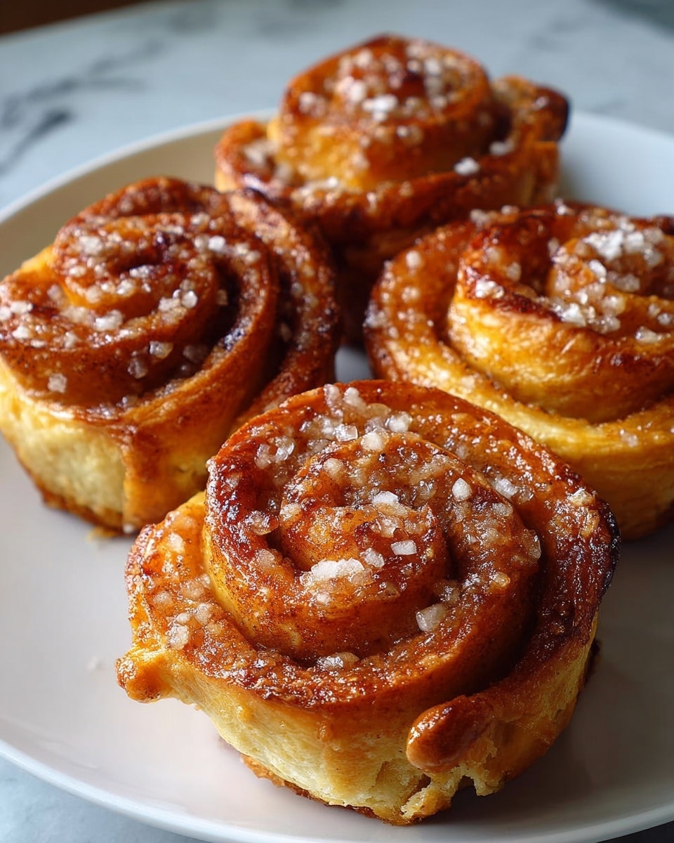 Four cinnamon rolls shaped like roses sit close together on a white plate. Each roll shows many layers of dough with a golden brown crust, caramelized with cinnamon and sugar. The tops are sprinkled with coarse sugar crystals that sparkle, and the rolls have a slightly crispy, sticky texture. The background is a white marbled texture. photo taken with an iphone --ar 4:5 --v 7