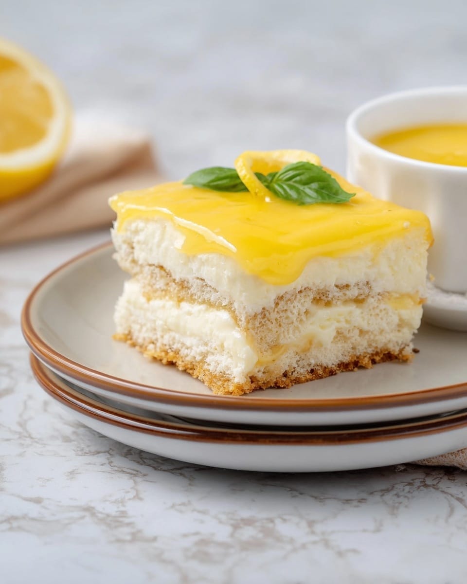 A close-up of a square dessert on a white plate with a light brown rim, placed on a stack of two similar plates over a white marbled surface. The dessert has three visible layers: the bottom layer is a light beige cake that looks soft and crumbly, the middle layer is thick, white, creamy filling, and the top layer is a smooth, glossy yellow topping that covers the entire surface. A small green basil leaf and a small piece of lemon peel rest on the top right corner of the dessert. Next to the dessert is a small white bowl filled with the same yellow sauce as the top layer. Photo taken with an iphone --ar 4:5 --v 7