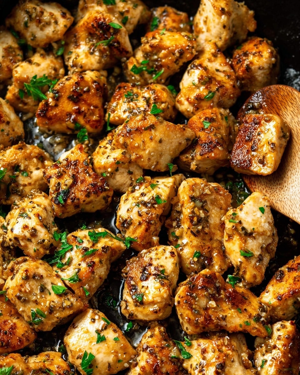 The image shows many small pieces of cooked chicken with a golden brown color and crispy texture on the outside. The chicken pieces look juicy and are scattered close together, with bits of bright green parsley sprinkled evenly all over them. The pieces have some visible seasoning, including black pepper and garlic pieces, giving them a slightly rough surface. A wooden spoon is partly visible at the right edge of the image, resting on the food. The background shows the edge of a black pan with a shiny, slightly oily surface. Photo taken with an iphone --ar 4:5 --v 7