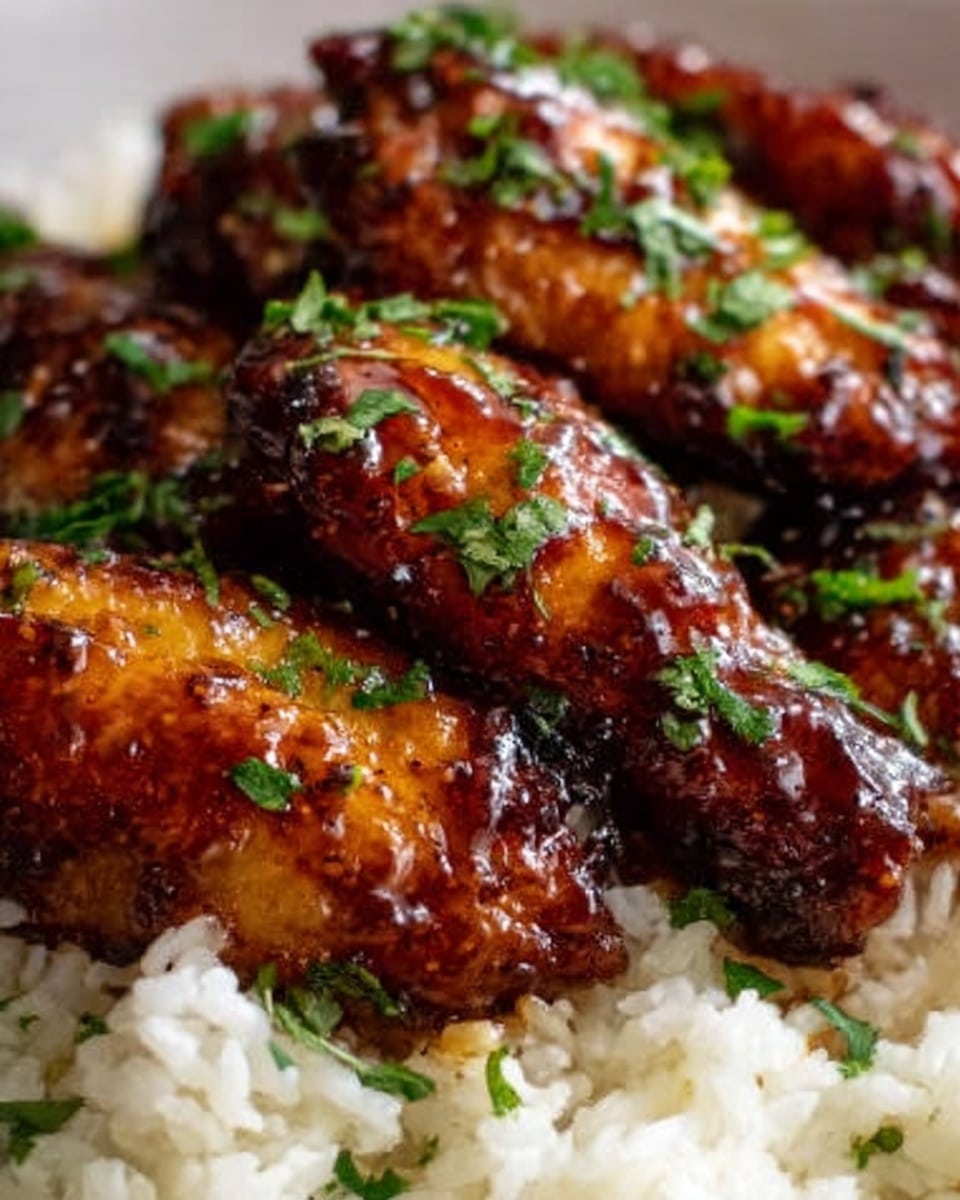 The image shows a close-up of three pieces of glazed chicken wings placed on top of a bed of white rice. The chicken wings have a shiny, dark brown sauce coating that makes them look sticky and flavorful. Small green herb bits are sprinkled over the chicken for a fresh touch. The dish is presented on a white plate resting on a white marbled surface. Photo taken with an iphone --ar 4:5 --v 7