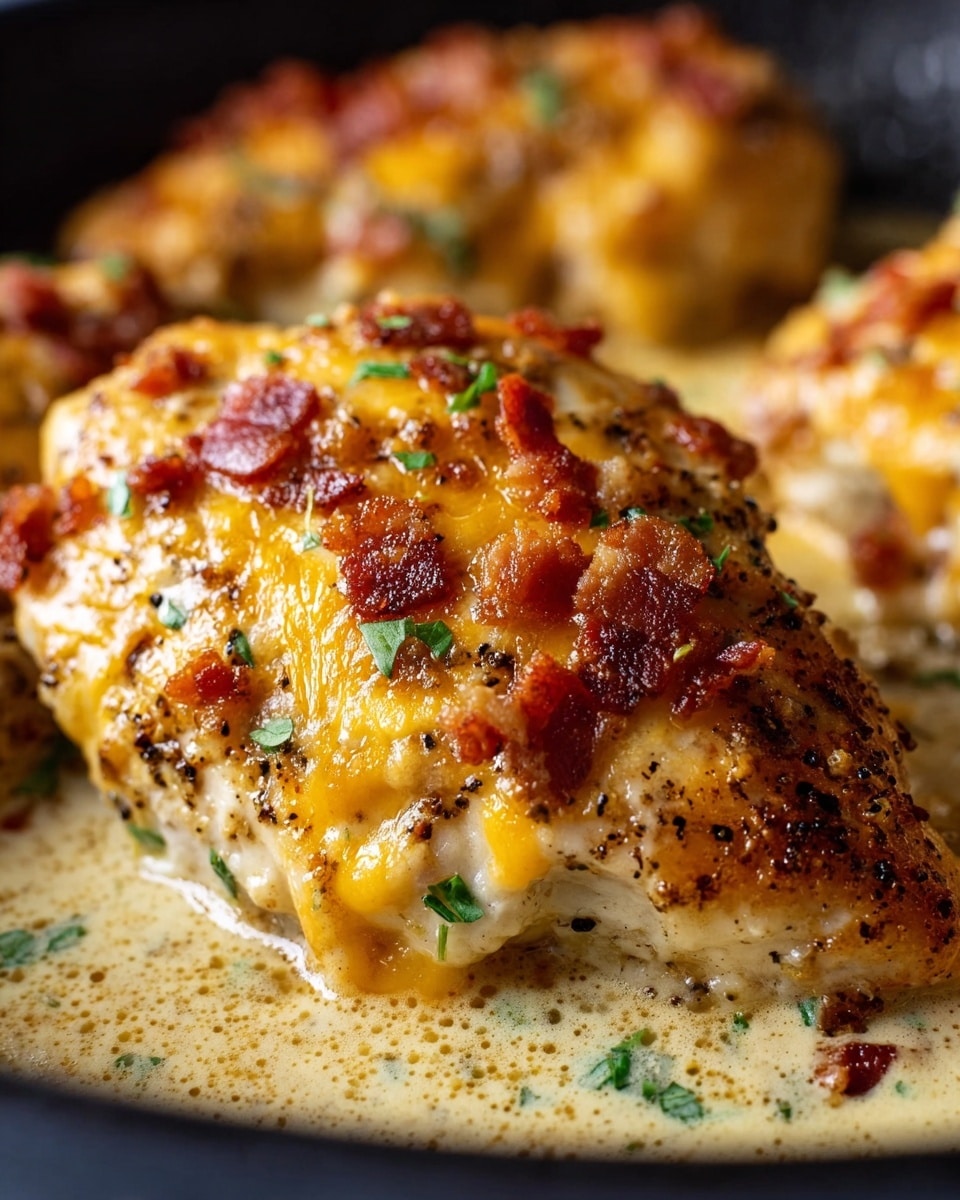 A close-up view of three cooked chicken breasts in a black pan, each piece covered with a golden melted layer of cheddar cheese topped with small crispy bacon bits and green chopped herbs. The chicken has a browned, seasoned texture with visible pepper and spices under the cheese layer. The pan holds a creamy, light-colored sauce that surrounds the chicken, adding to the rich look of the dish. The background shows a white marbled surface, focusing attention on the hearty, cheesy chicken. photo taken with an iphone --ar 4:5 --v 7