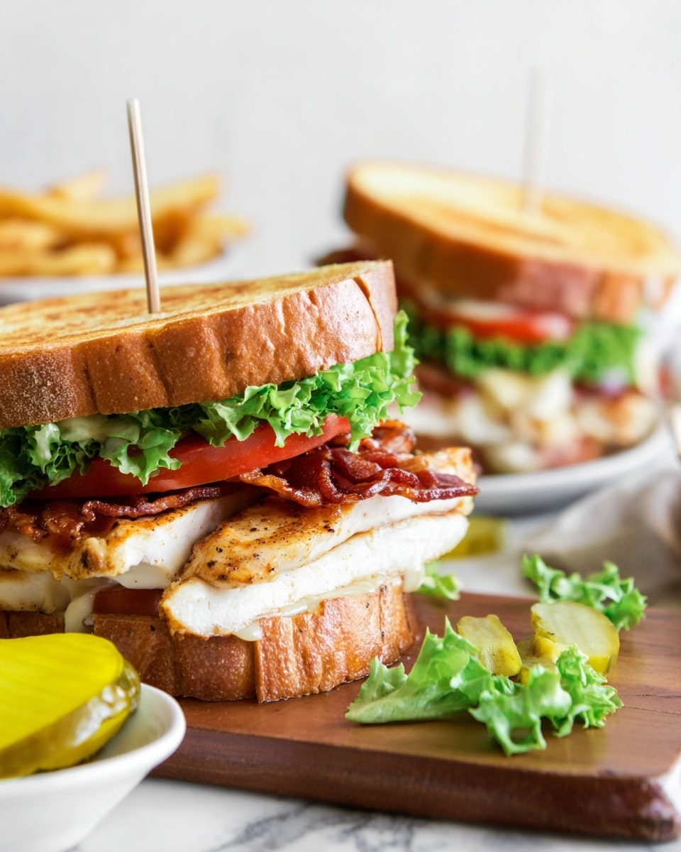 A close-up of two stacked sandwiches, each with three layers of white toasted bread, the top and bottom pieces golden brown with grill marks. Inside the sandwich, from bottom to top, there is a grilled chicken breast with a slightly charred texture, a slice of white cheese melting over it, crispy bacon strips, fresh red tomato slices, and curly green lettuce leaves. A dollop of white mayo peeks out from under the top bread slice. The sandwiches are held together with a wooden toothpick and set on a wooden board, placed on a white marbled surface. A bright yellow pickle wedge lies next to the sandwich on the board, and some green lettuce leaves are scattered nearby. In the background, the second sandwich is slightly out of focus. photo taken with an iphone --ar 4:5 --v 7