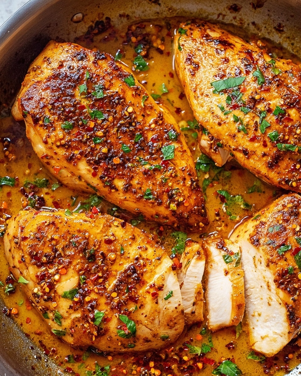A close-up view of four cooked chicken breasts in a silver pan, three whole and one partially sliced into thick pieces showing white, juicy meat inside. Each piece is covered with golden brown spices and small green herb bits, resting in a shiny, oily sauce with red pepper flakes and seasonings scattered around. The pan edges show some cooked bits sticking to the sides, adding texture to the dish. The overall look is warm and appetizing with a mix of glossy sauce and crisp spice crust on the meat, set against the pan's metallic surface. photo taken with an iphone --ar 4:5 --v 7