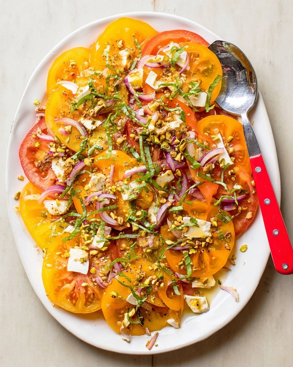 A white plate holds a vibrant salad arranged in layers, starting with large round slices of yellow and orange tomatoes forming the base. Scattered on top are small pieces of pale yellow cheese, finely chopped red onions, and green pistachio nuts. Thin ribbons of fresh green basil are sprinkled over everything, adding a fresh touch. To the right side of the plate, a silver spoon with a red handle rests on the edge. The dish is placed on a white marbled textured surface. photo taken with an iphone --ar 4:5 --v 7