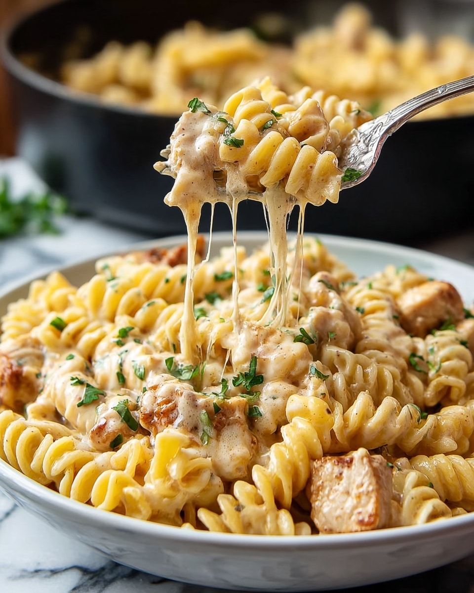 A close-up view of a white bowl filled with creamy rotini pasta mixed with grilled chicken pieces, all coated in a cheesy sauce. The pasta is yellowish with a smooth, slightly glossy texture, while the chicken chunks are light brown with some grilled marks, showing a slightly crispy texture. Fresh green herbs are sprinkled on top for color contrast. A metal fork lifts a portion of pasta and chicken, with melted cheese strings stretching from the bowl to the fork. The bowl sits on a white marbled surface with a soft blue cloth partially visible underneath. Photo taken with an iphone --ar 4:5 --v 7