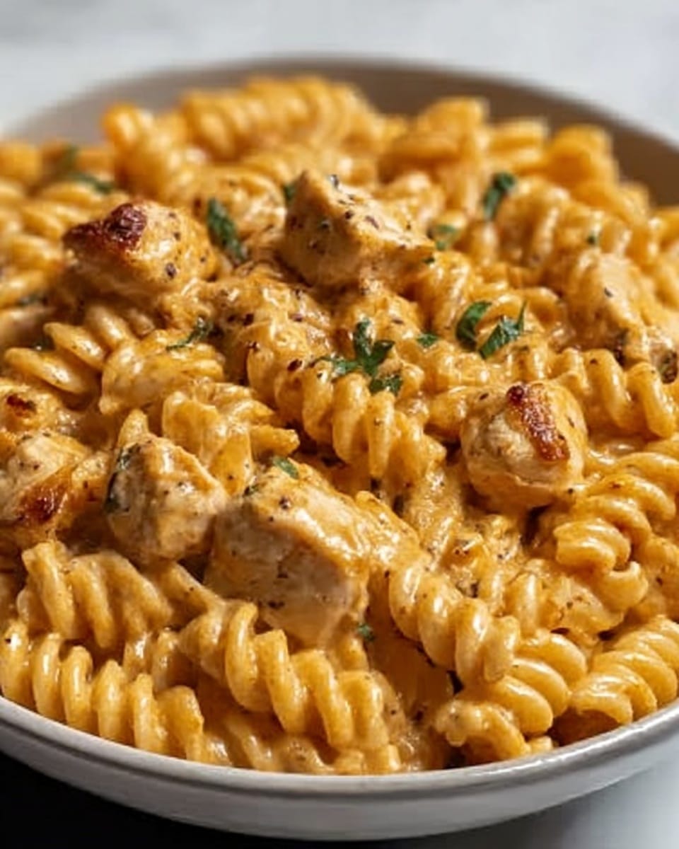 A close-up view of a bowl filled with creamy pasta made of spiral-shaped rotini noodles coated in a rich, orange-colored sauce. Scattered throughout the pasta are chunks of light brown chicken pieces and small green herb leaves, adding texture and color contrast. The dish looks thick and smooth with visible seasoning specks throughout. The bowl is white, placed on a white marbled surface. photo taken with an iphone --ar 4:5 --v 7