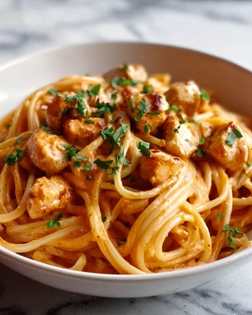 A white bowl filled with long spaghetti pasta coated in a creamy orange sauce, topped with bite-sized pieces of chicken and garnished with fresh green herbs scattered on top. The sauce looks smooth and slightly glossy, covering the pasta strands evenly. The chicken pieces are cooked with a light golden color, sitting well within the sauce and pasta. The background is a white marbled surface, with soft natural light highlighting the textures. Photo taken with an iphone --ar 4:5 --v 7