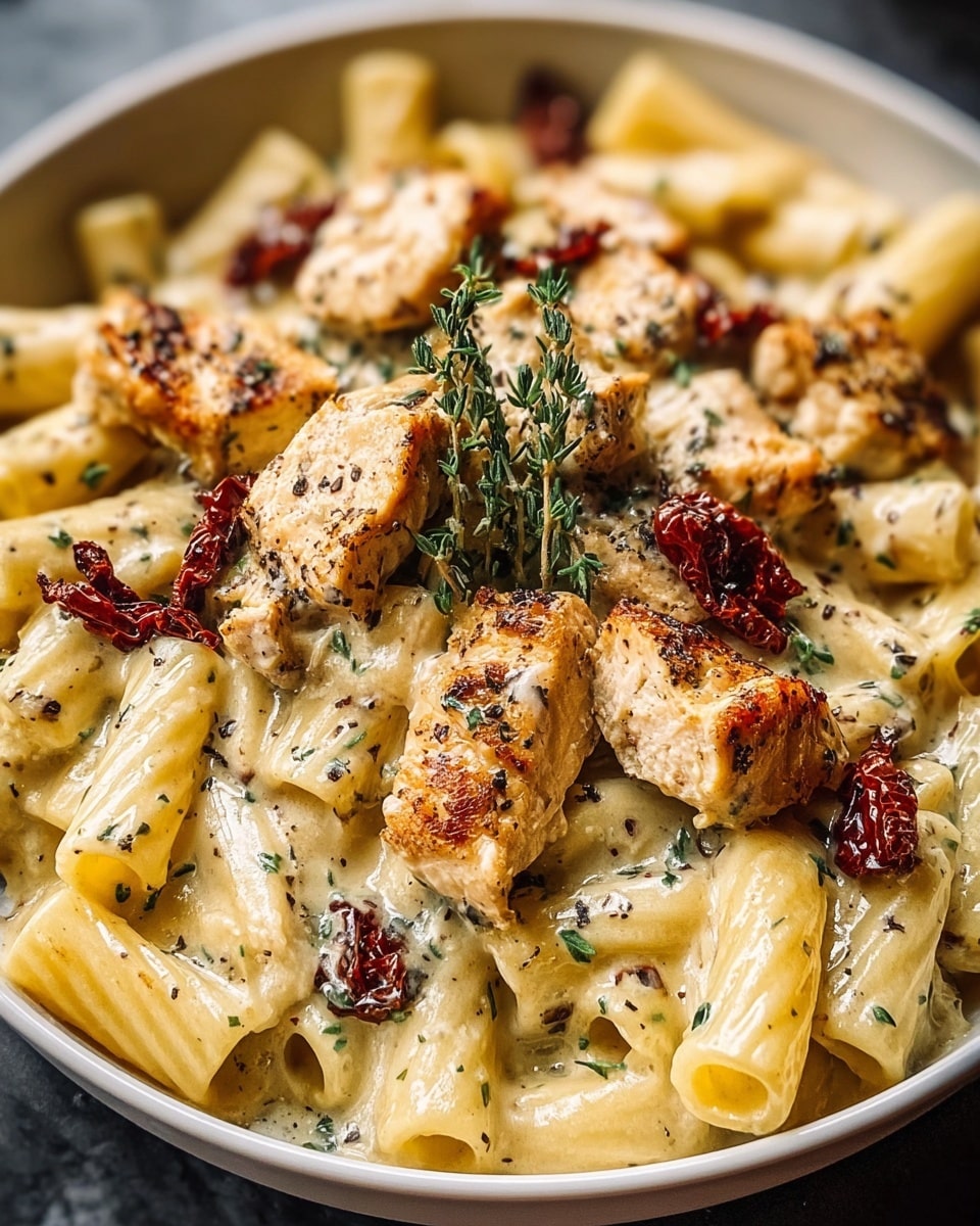 A close-up view of a dish in a white bowl, containing creamy rigatoni pasta as the base layer, colored light yellow with a smooth, creamy texture. On top of the pasta, there are pieces of grilled chicken that are golden brown with slightly charred edges, giving a crispy look. Mixed in are small pieces of dark red, crispy sun-dried tomatoes scattered across the dish. Fresh green herbs, possibly thyme, sit in the center as garnish, adding a fresh touch. The sauce covering the pasta and chicken is thick and creamy, light beige with specks of black pepper and chopped green herbs. The image is shot on a white marbled texture surface. photo taken with an iphone --ar 4:5 --v 7