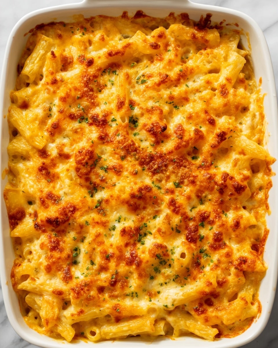 A white square baking dish filled with baked macaroni and cheese, showing a top layer of golden-brown melted cheese with bubbly, slightly crispy edges. The surface is sprinkled with small green herb bits, adding a touch of color contrast. Beneath the cheese layer, creamy pasta tubes are visible, coated in rich, cheesy sauce with a smooth texture. The dish sits on a white marbled surface. Photo taken with an iphone --ar 4:5 --v 7